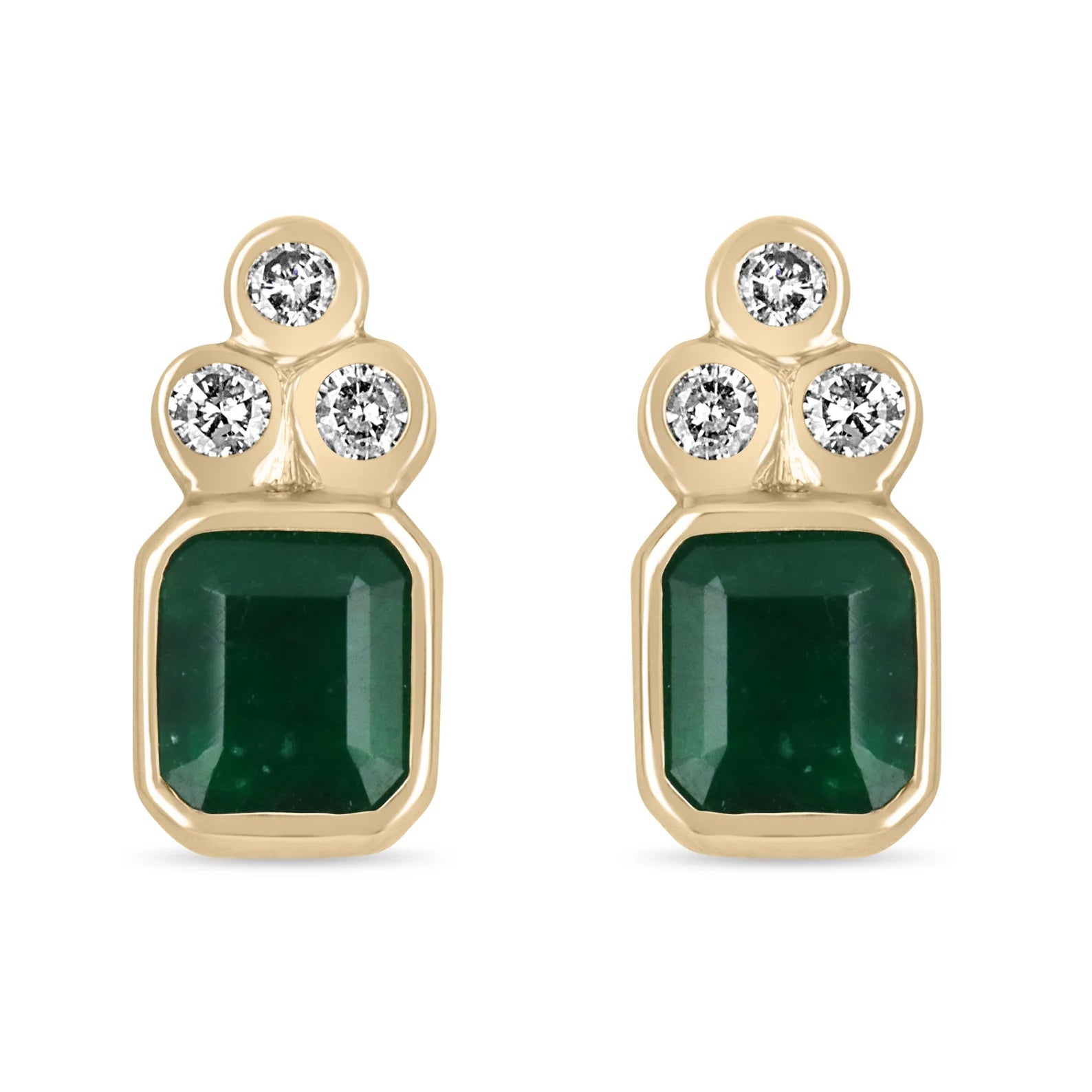 Dark forest green emerald cut earrings with diamond accents in 14K bezel setting by JR Colombian Emeralds