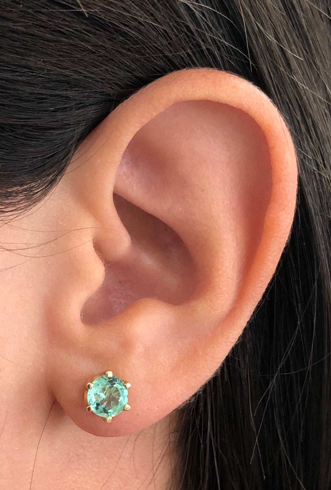 JR Colombian Emeralds 14K yellow gold earrings featuring round, rich bright green emeralds in a six-prong setting, 1.56 tcw.