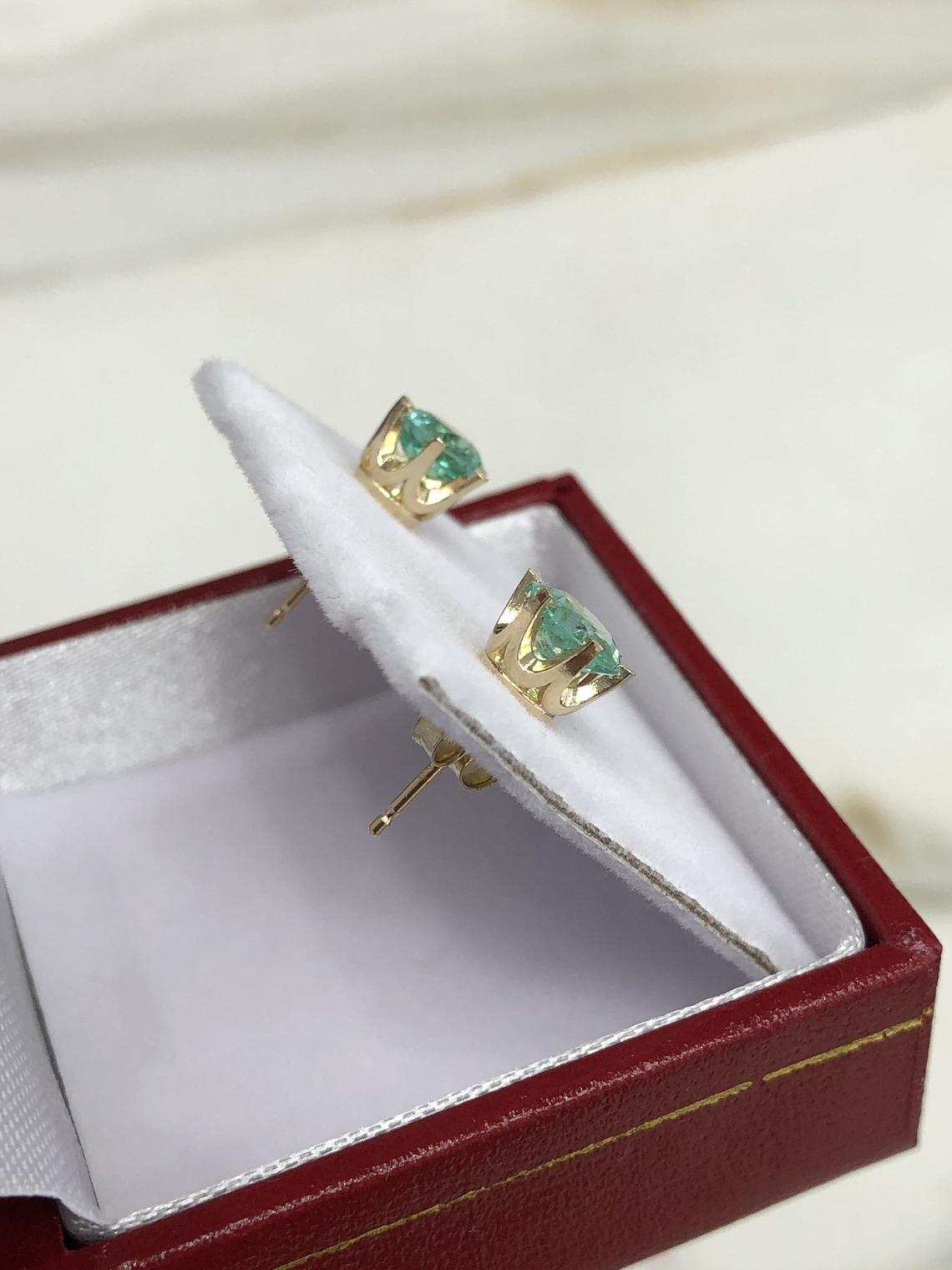 JR Colombian Emeralds 14K yellow gold earrings with 1.56ctw round rich bright green emeralds and six-prong setting
