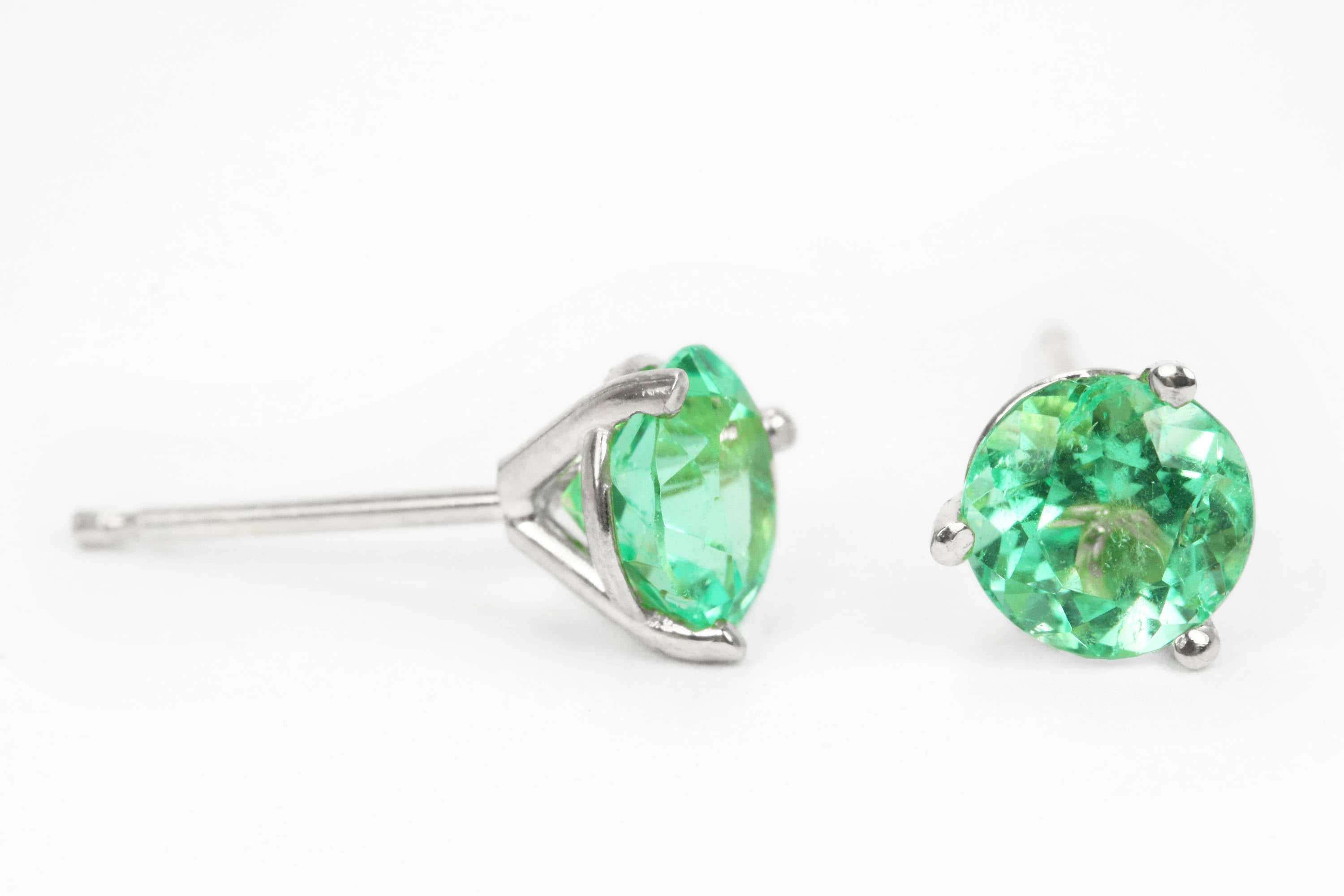 Round Natural Emerald 3 Prong Martini Stud Earrings 14K