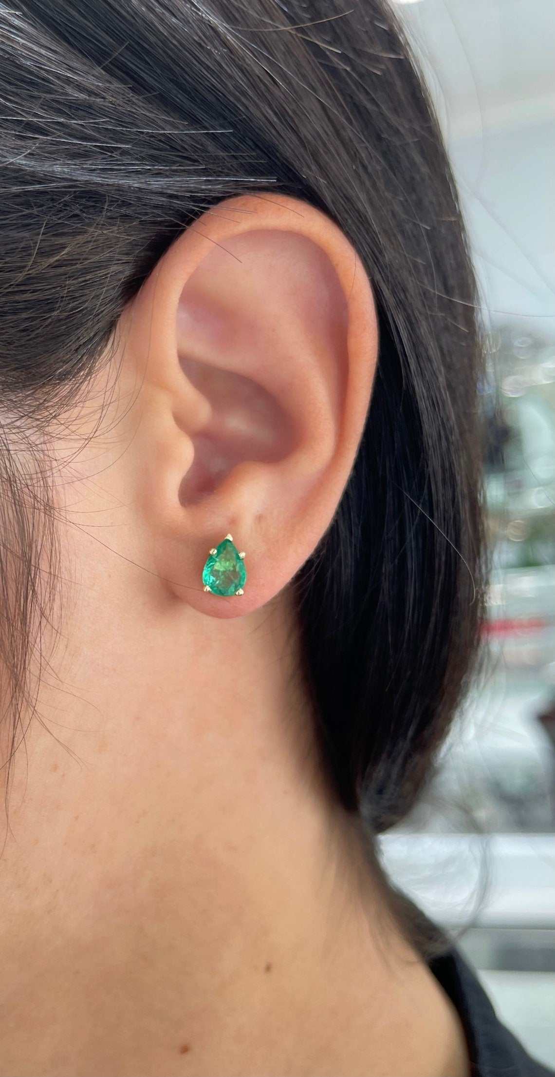 Natural pear cut emerald stud earrings in 14K yellow gold with 2.08tcw rich green emeralds by JR Colombian Emeralds.