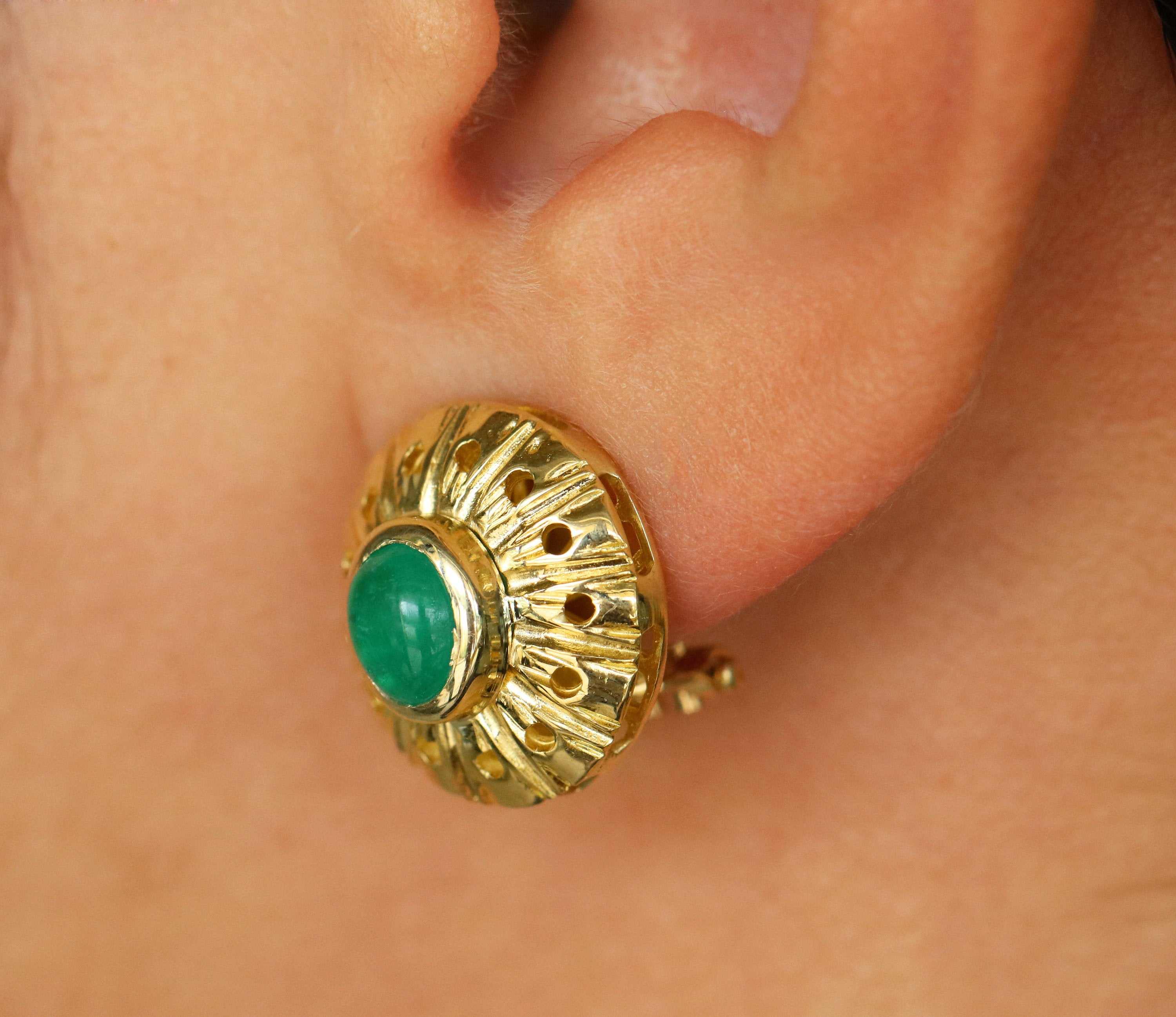 JR Colombian Emeralds 14K yellow gold omega earrings with 3.10tcw high-quality natural emerald cabochons.