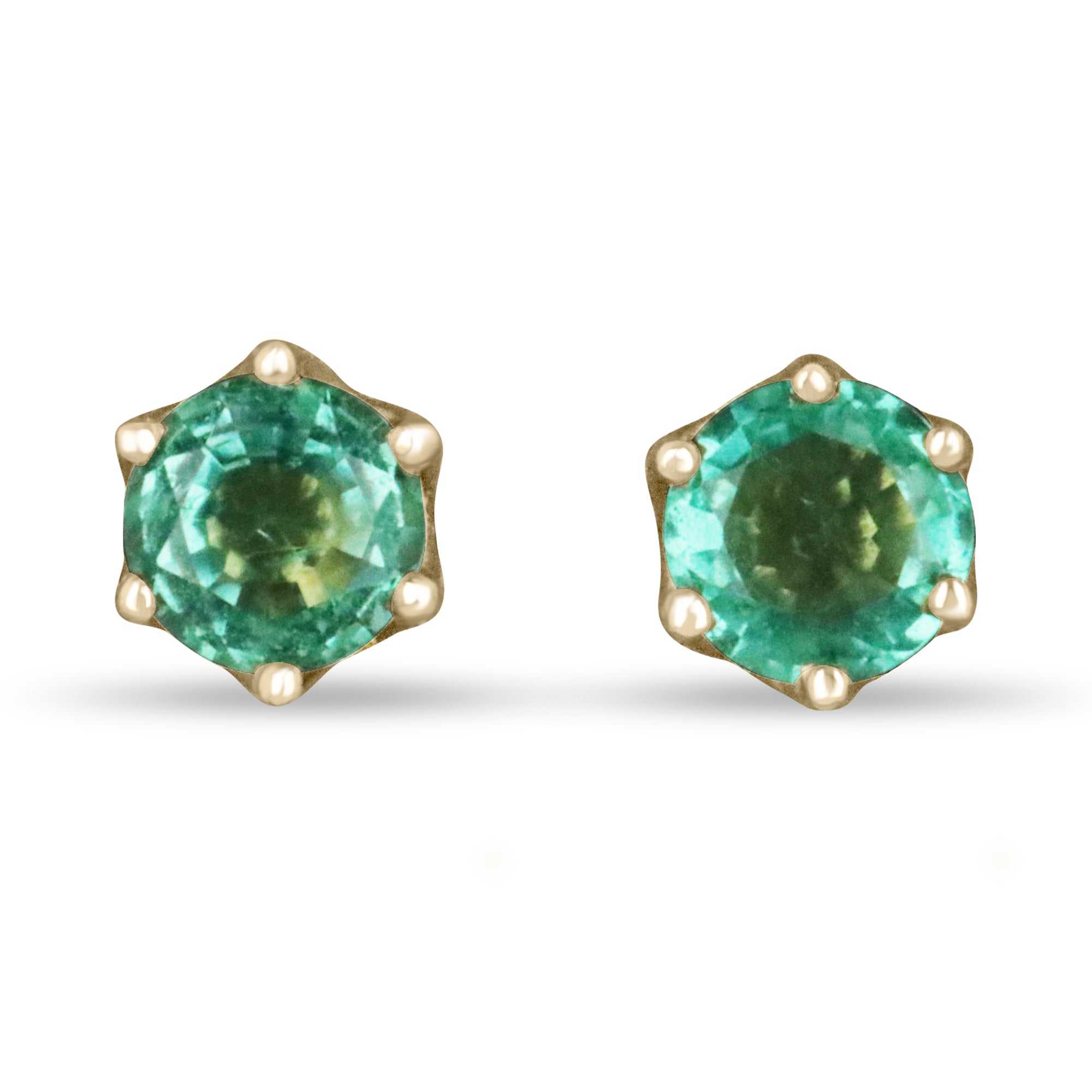 0.80tcw natural emerald round cut stud earrings set in 14K yellow gold six-prong mounting