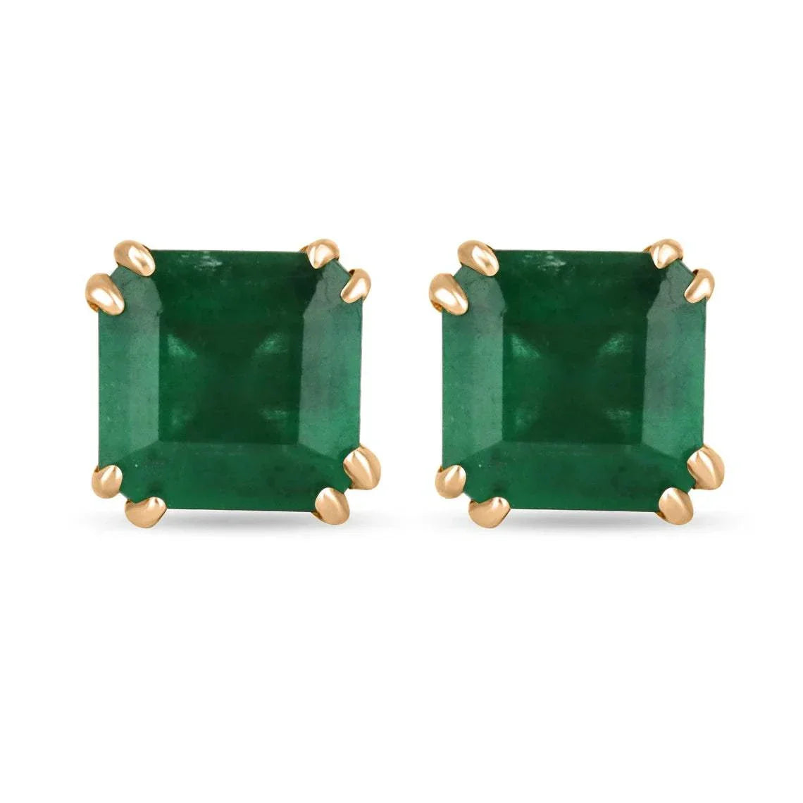 Pair of 1.52tcw Asscher-cut natural emerald stud earrings in 14K rose gold double prong setting