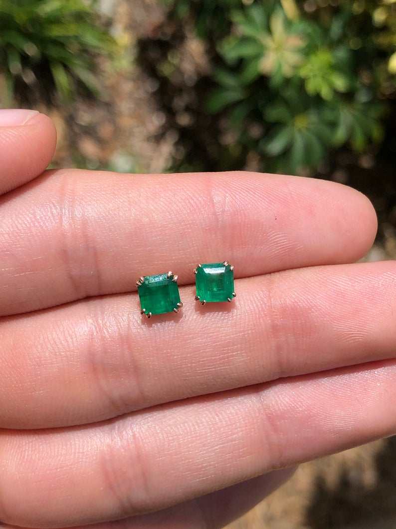 Rose gold double prong natural emerald earrings with 1.52tcw from JR Colombian Emeralds, crafted in 14K gold.