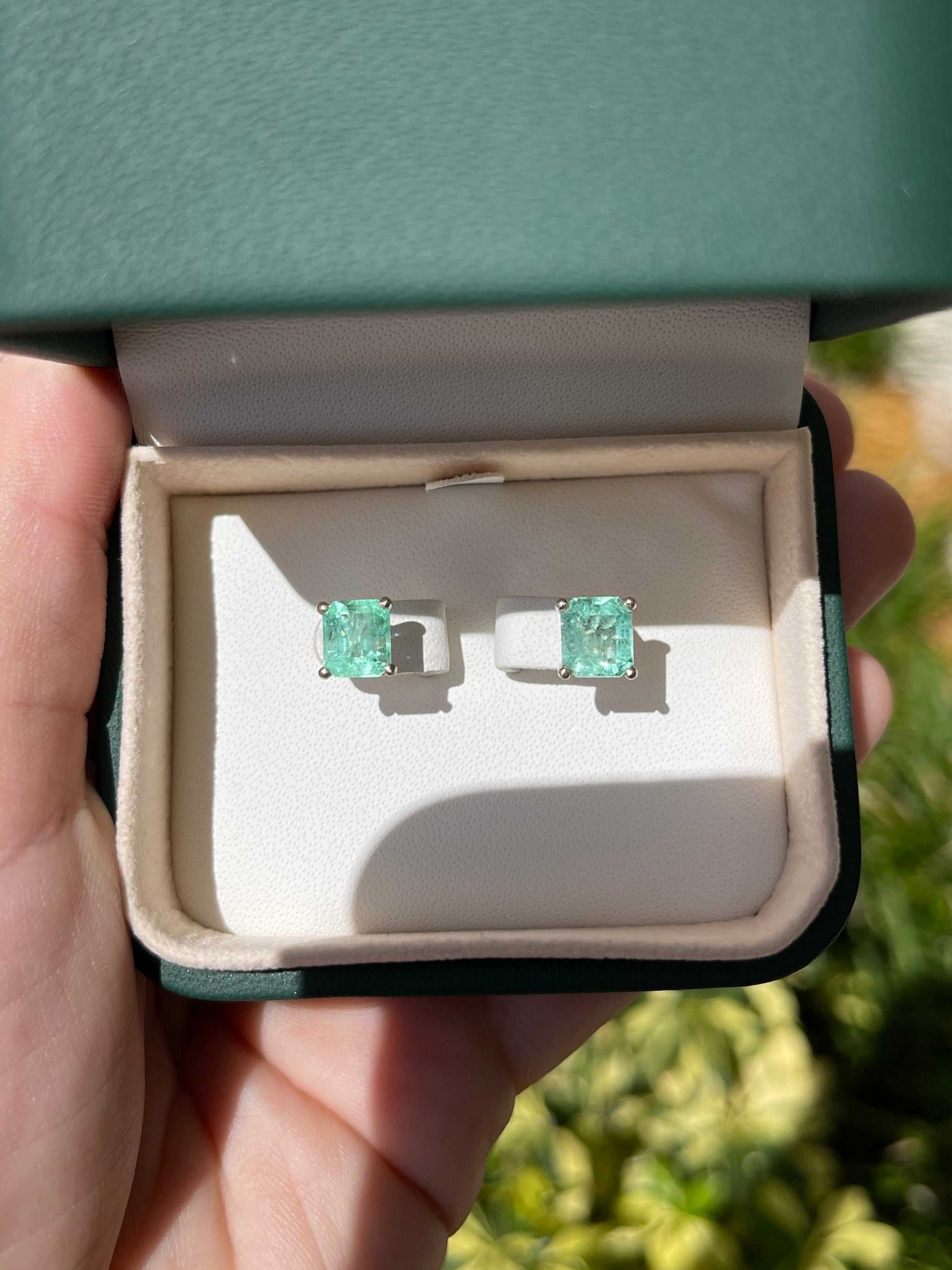 18K white gold light green Colombian emerald stud earrings featuring 3.46 carats total weight, by JR Colombian Emeralds.
