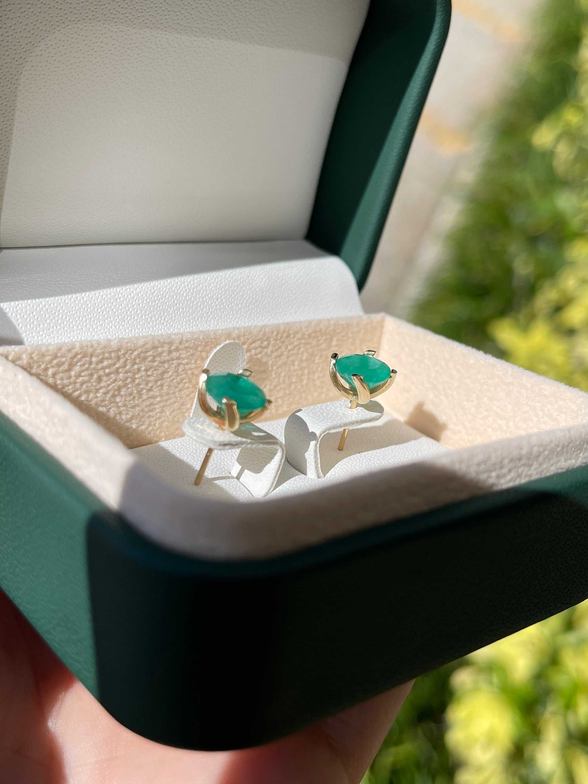 JR Colombian Emeralds 3.75tcw round classic stud basket earrings in 14K gold featuring vibrant green emerald gemstones.