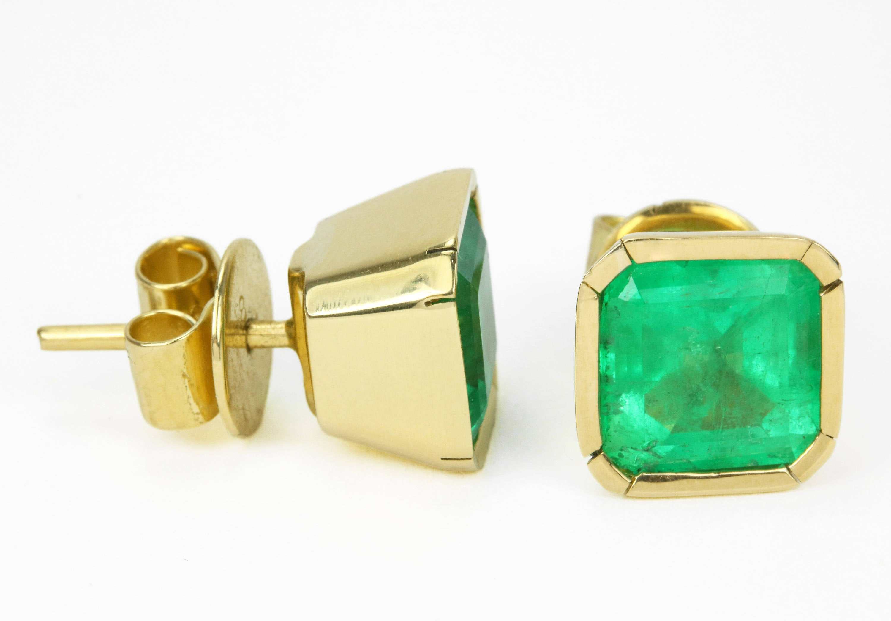 4.15 Carat Vivid Apple Green Emerald Bezel Set Stud Earrings Gold 14K