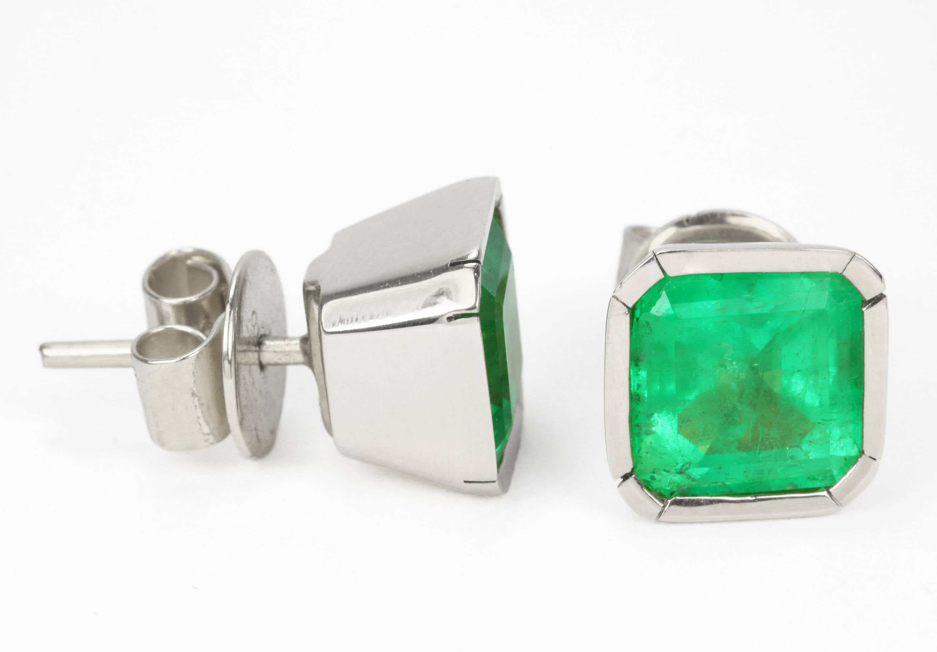 4.15 Carat Vivid Apple Green Emerald Bezel Set Stud Earrings Gold 14K