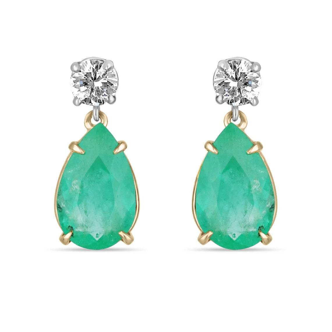 Natural tear-drop emerald and diamond dangle earrings in 14K gold, featuring elegant green emeralds and sparkling diamonds.