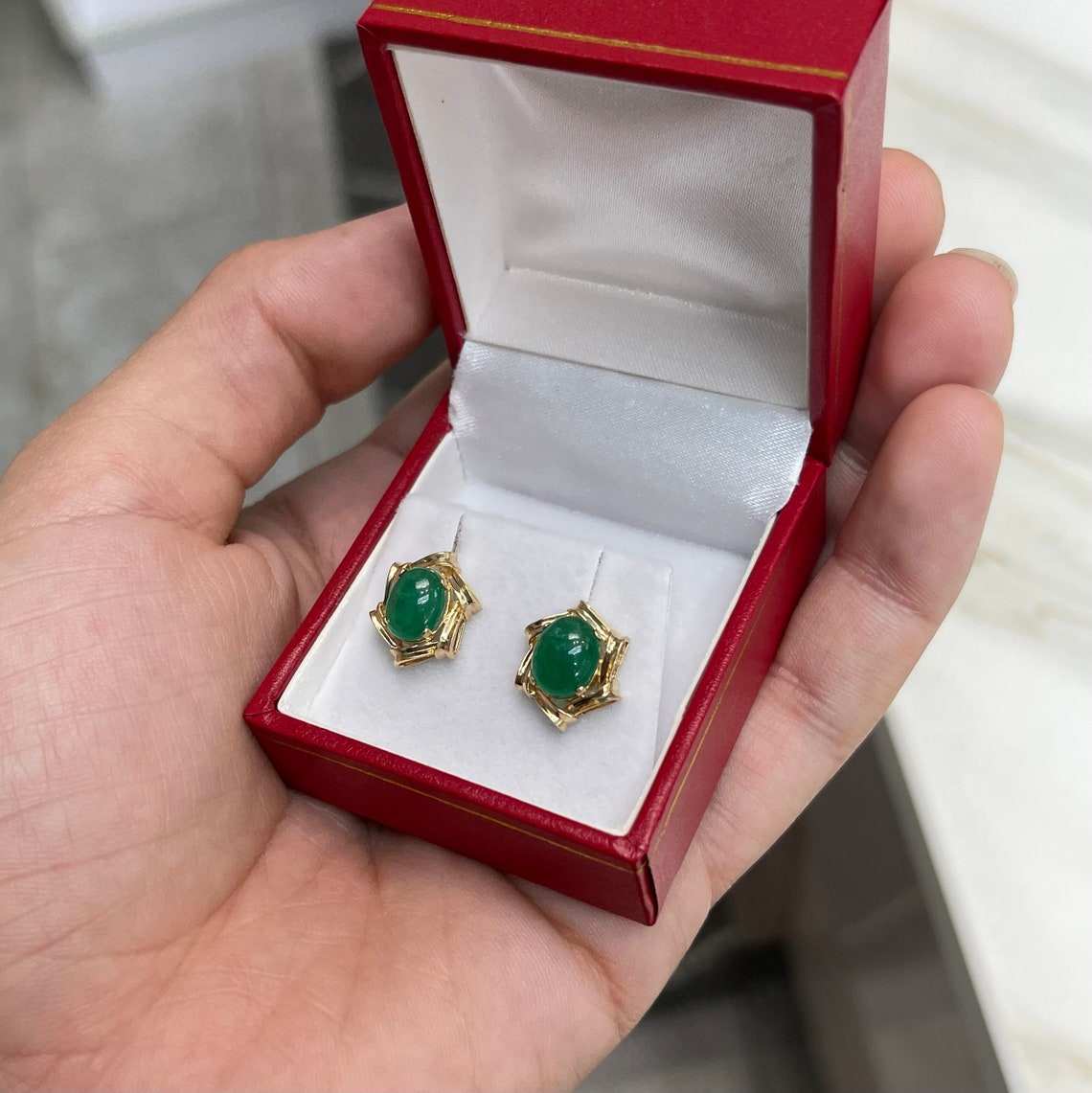 Dark green emerald oval cabochon Victorian handmade earrings by JR Colombian Emeralds, crafted in 14K gold with 6.80tcw total weight.