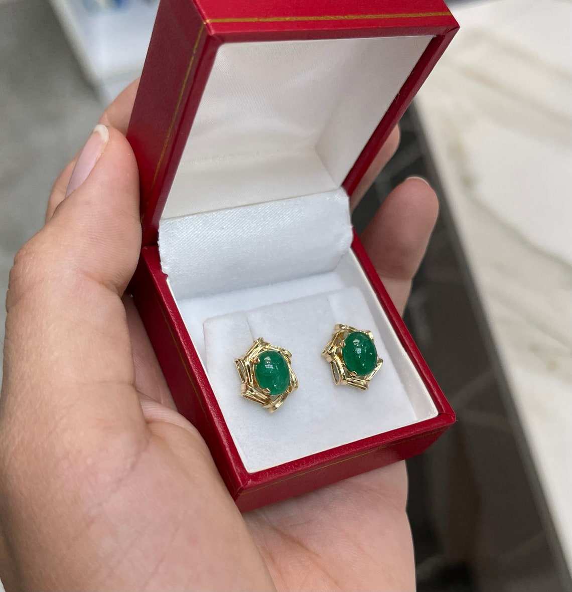 Handmade Victorian-style earrings with 6.80tcw dark green emerald oval cabochons in 14K gold by JR Colombian Emeralds.