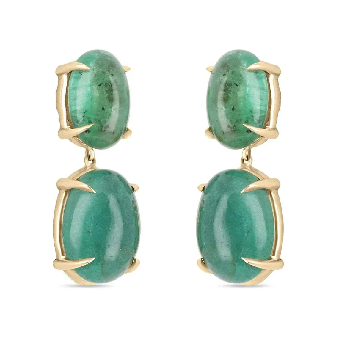JR Colombian Emeralds dangle earrings with large natural cabochon emeralds, 14K gold setting, as seen on Instagram.