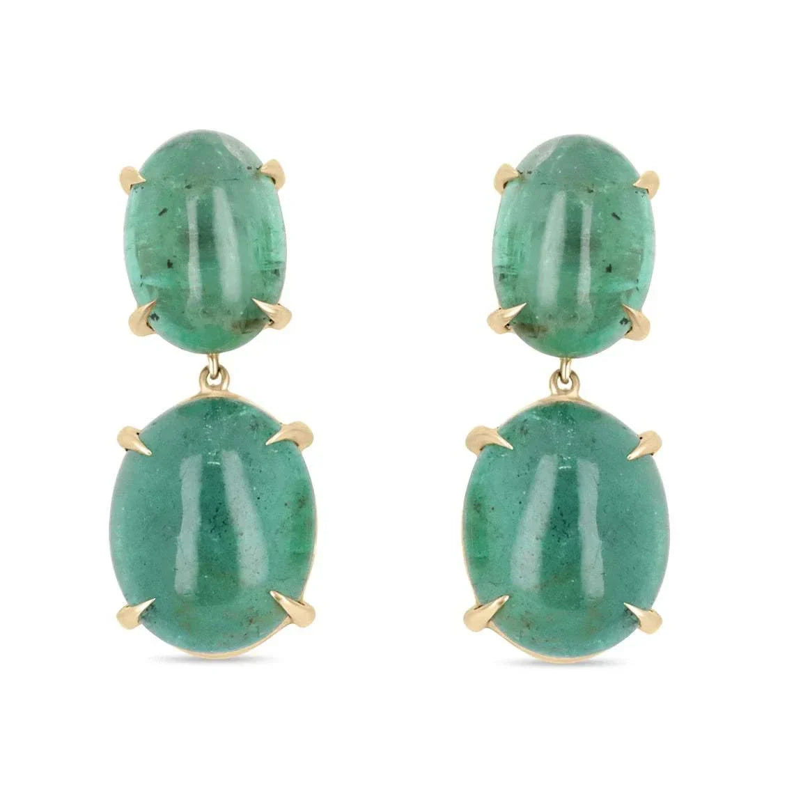 JR Colombian Emeralds dangle earrings with large natural cabochon emeralds in 14K gold, featured as seen on Instagram.