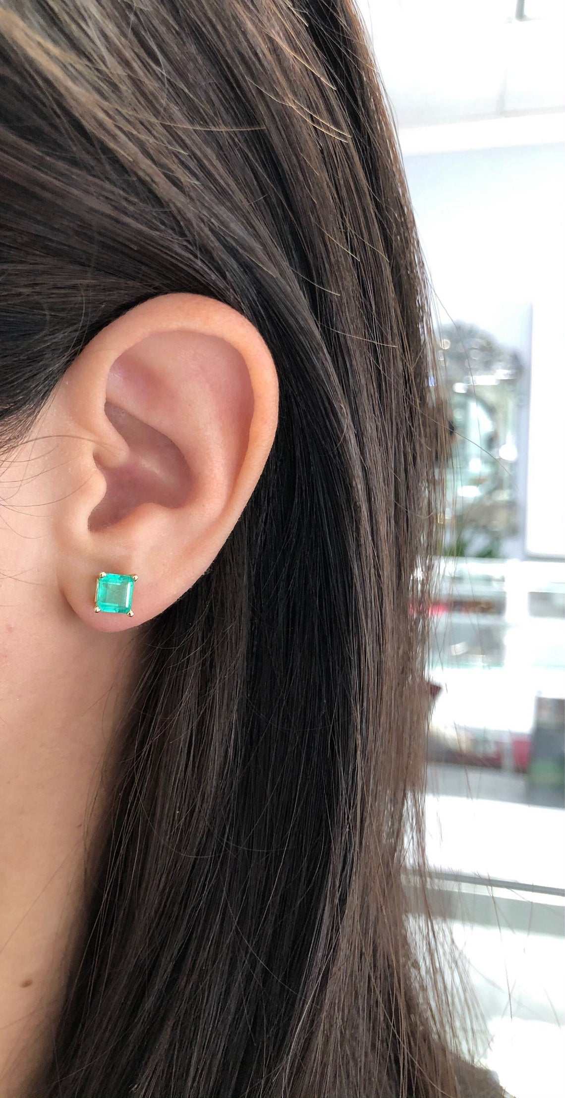 Asscher shape medium green emerald earrings in 14K white gold with screw-back clasps, 2.0 carats from JR Colombian Emeralds.
