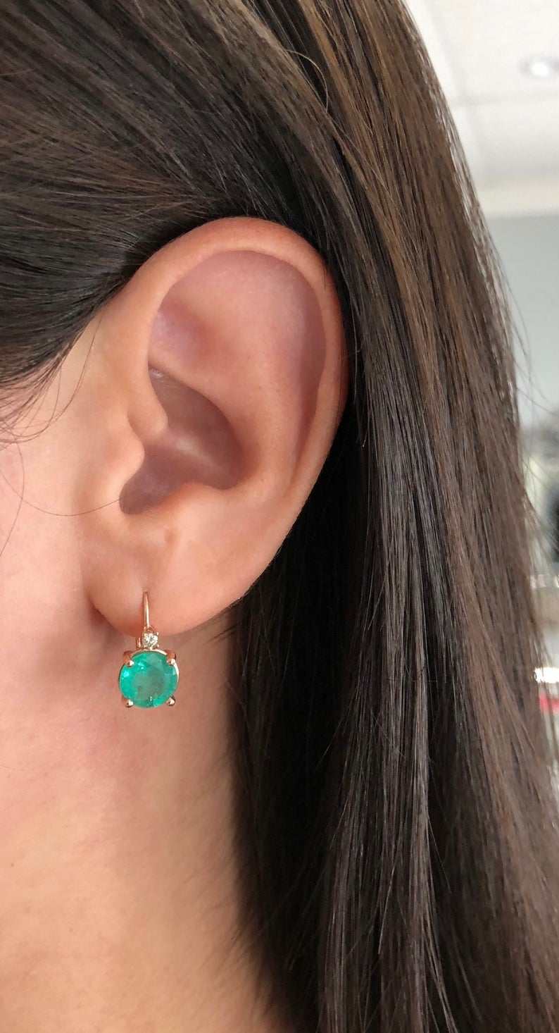 JR Colombian Emeralds 14K rose gold earrings with 3.10tcw round Colombian emeralds and diamonds, lever-back style.