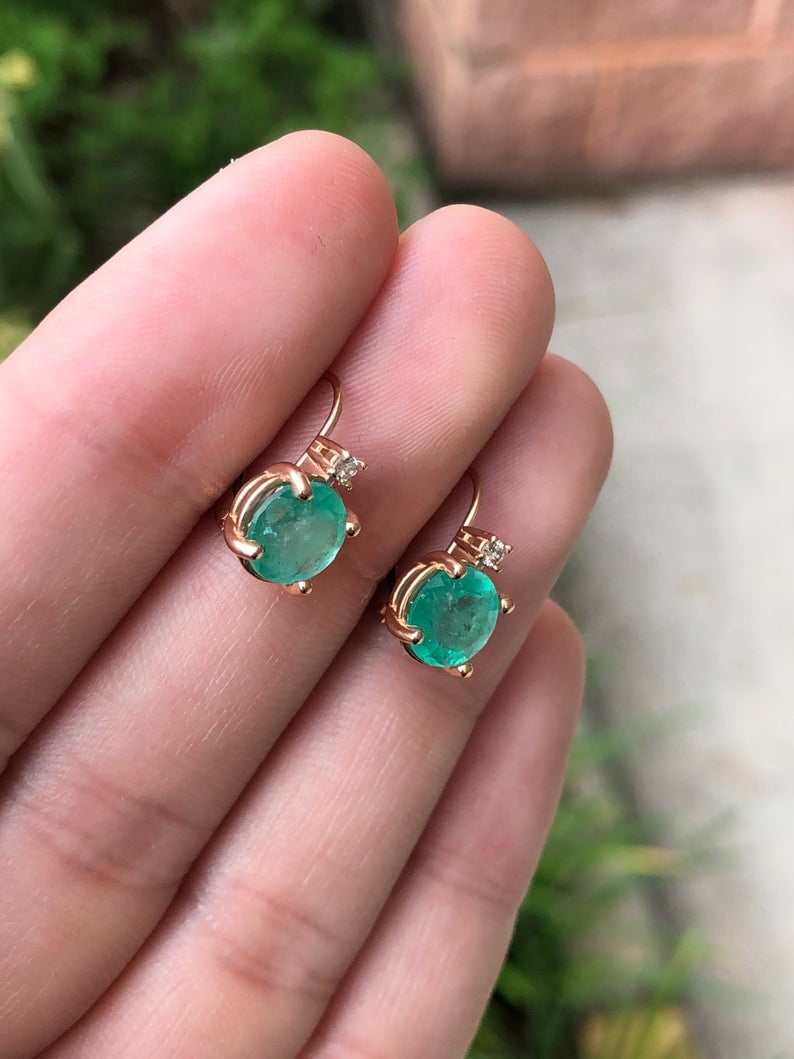 JR Colombian Emeralds 14K rose gold earrings with 3.10tcw round Colombian emeralds and diamonds, lever-back style.