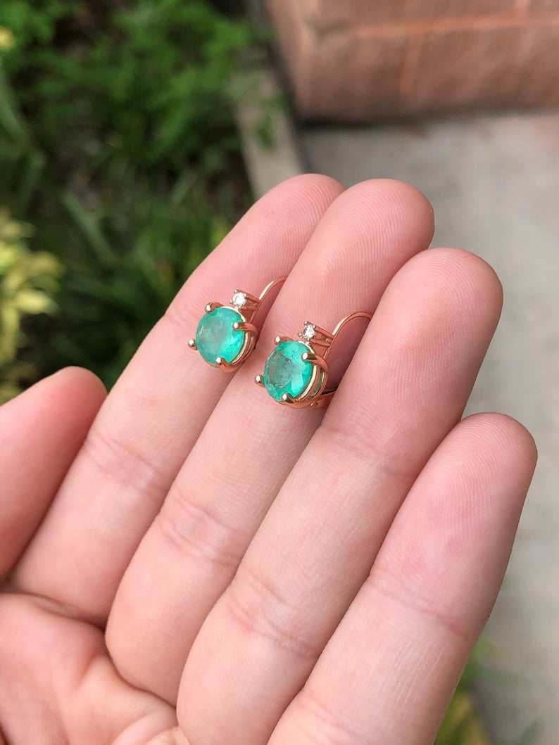 JR Colombian Emeralds 14K gold earrings with round Colombian emeralds and diamonds, lever-back style, 3.10 tcw.