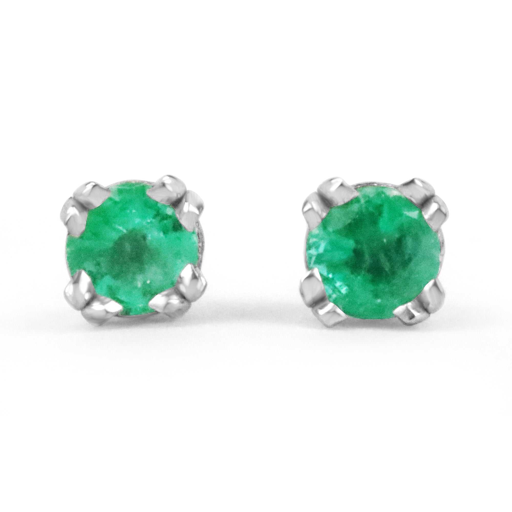 Natural emerald round stud earrings in 14K white gold double prong setting