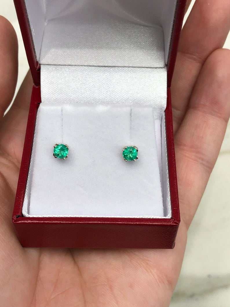 JR Colombian Emeralds 14K yellow gold round natural emerald double prong stud earrings, 0.45tcw, elegant and sparkling jewelry.