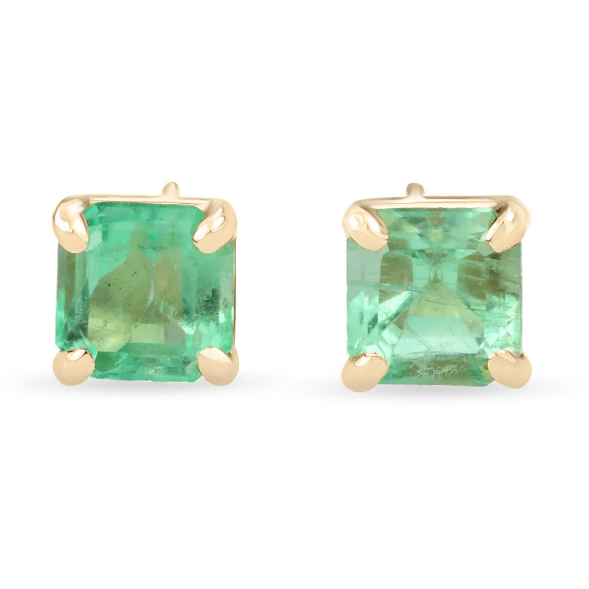 Petite natural emerald Asscher cut stud earrings set in 14K yellow gold