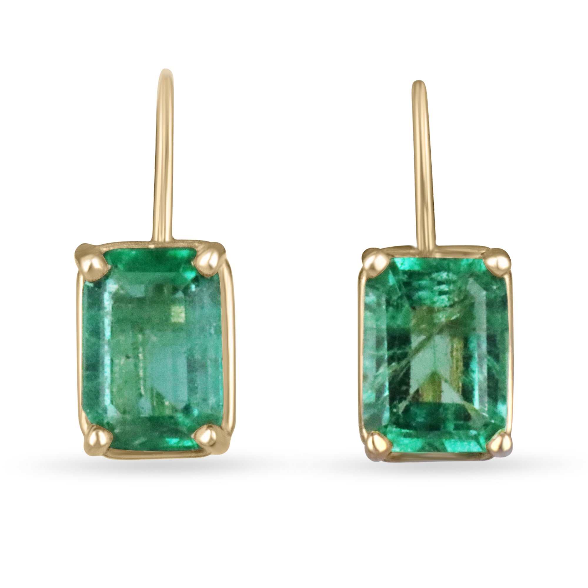 JR Colombian Emeralds 14K yellow gold earrings with 1.50tcw natural emeralds, emerald cut, prong set, lever back style.