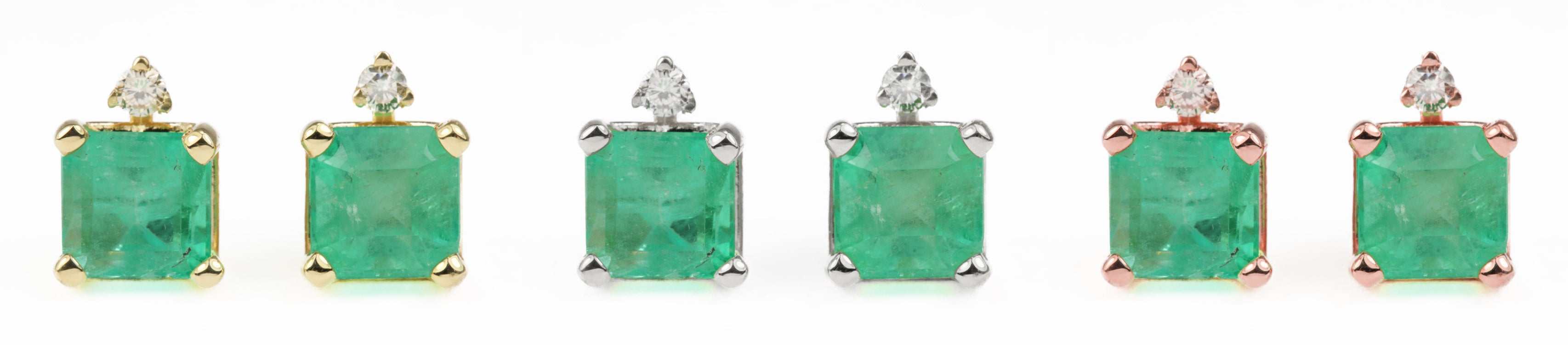 JR Colombian Emeralds 14K yellow gold stud earrings with 2.07ct natural emeralds and diamond accents, showcasing elegant jewelry design.