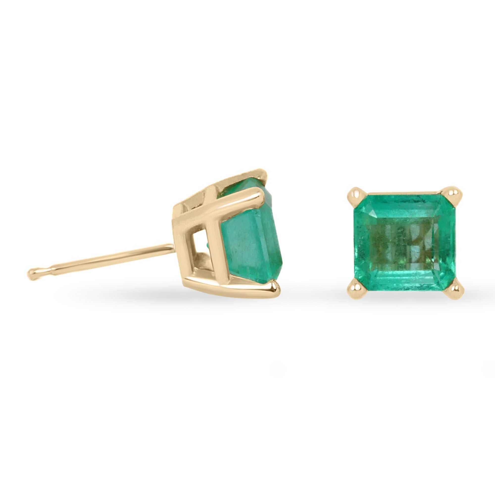 Yellow gold Asscher shape emerald earrings with 2.0 TCW certified medium green emeralds by JR Colombian Emeralds.