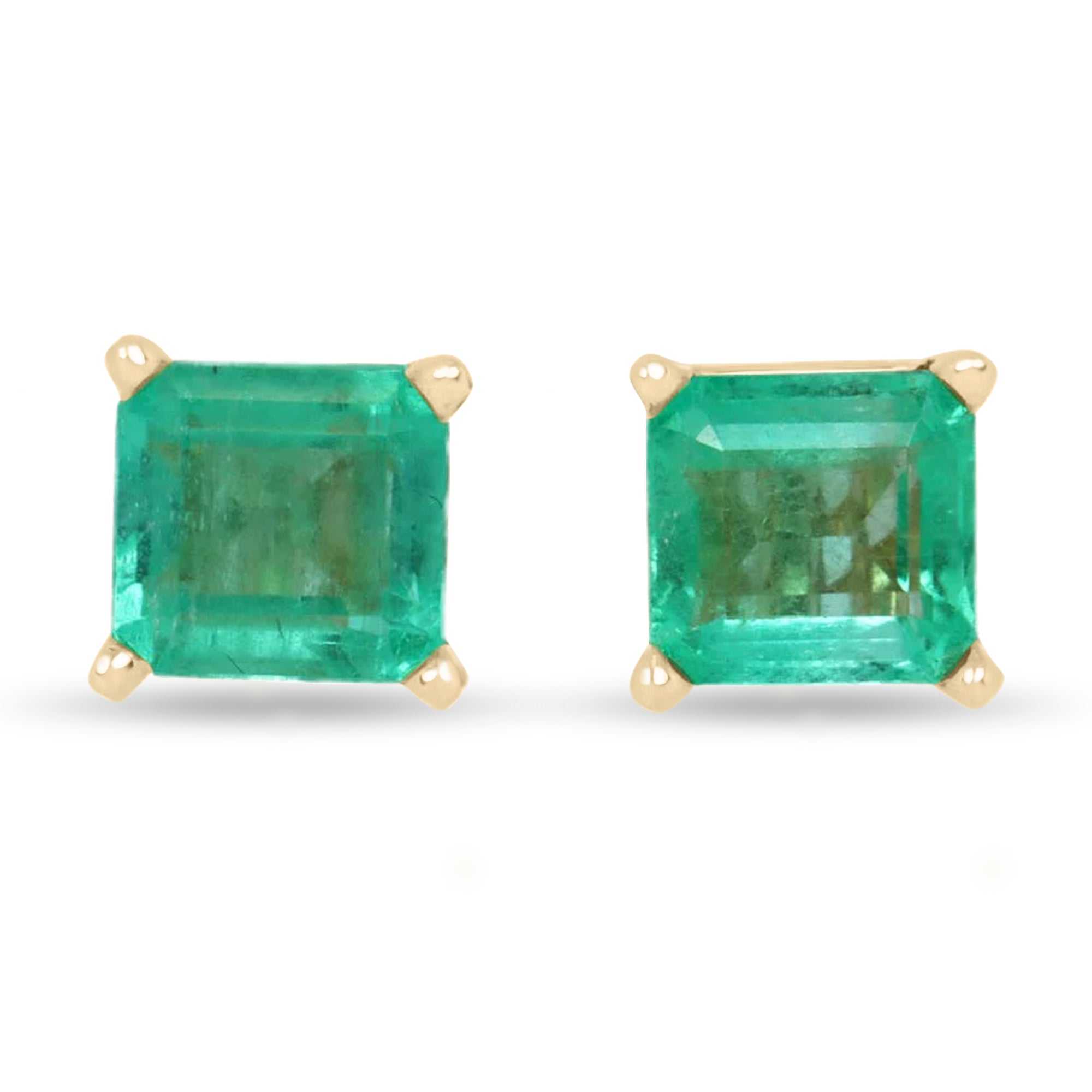 Certified 2.0tcw Asscher shape medium green emerald earrings in yellow gold 14K by JR Colombian Emeralds.