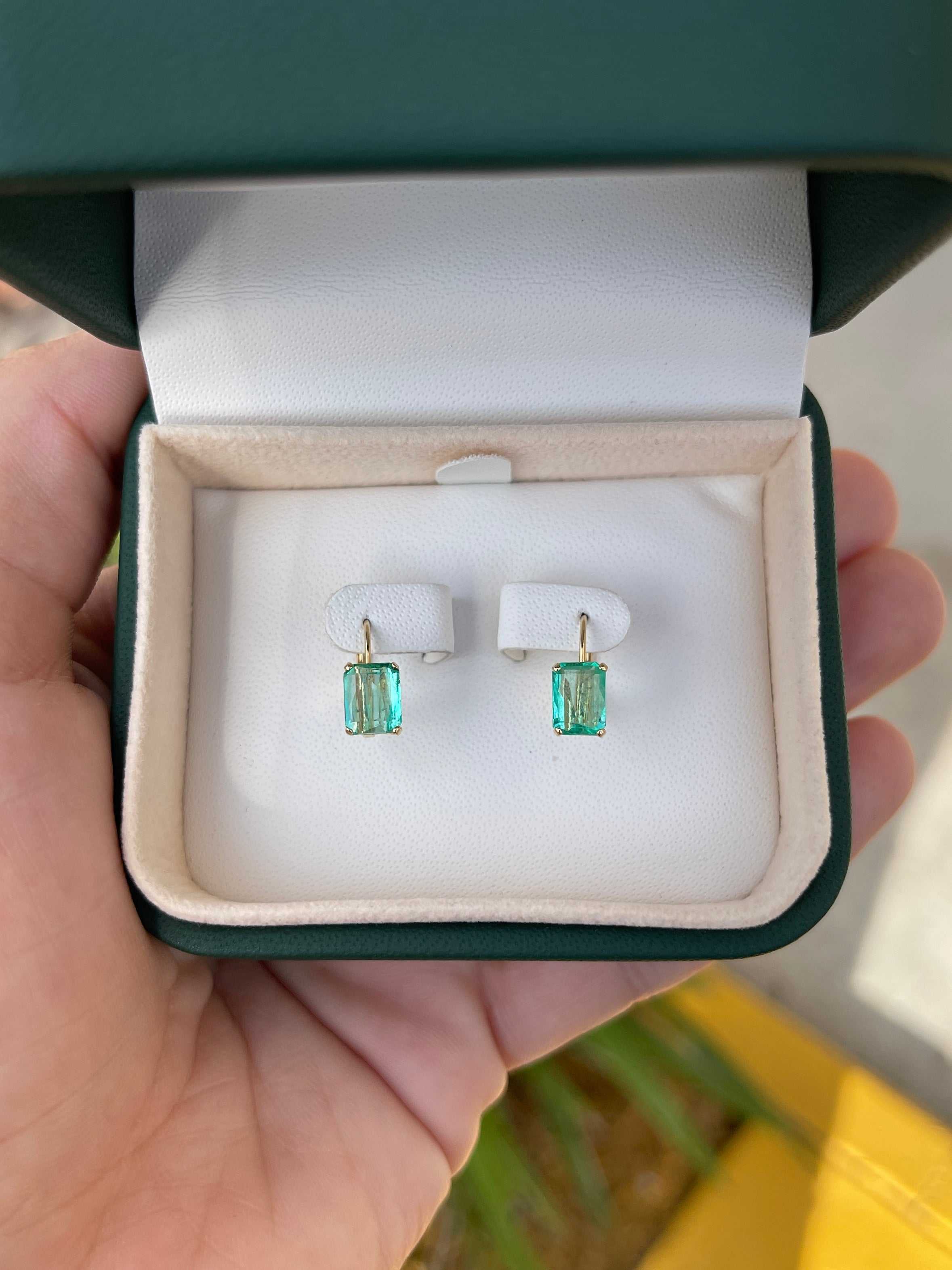 Transparent emerald cut Colombian emerald leverback gold earrings, 14K gold with 2.41tcw genuine emeralds, by JR Colombian Emeralds.