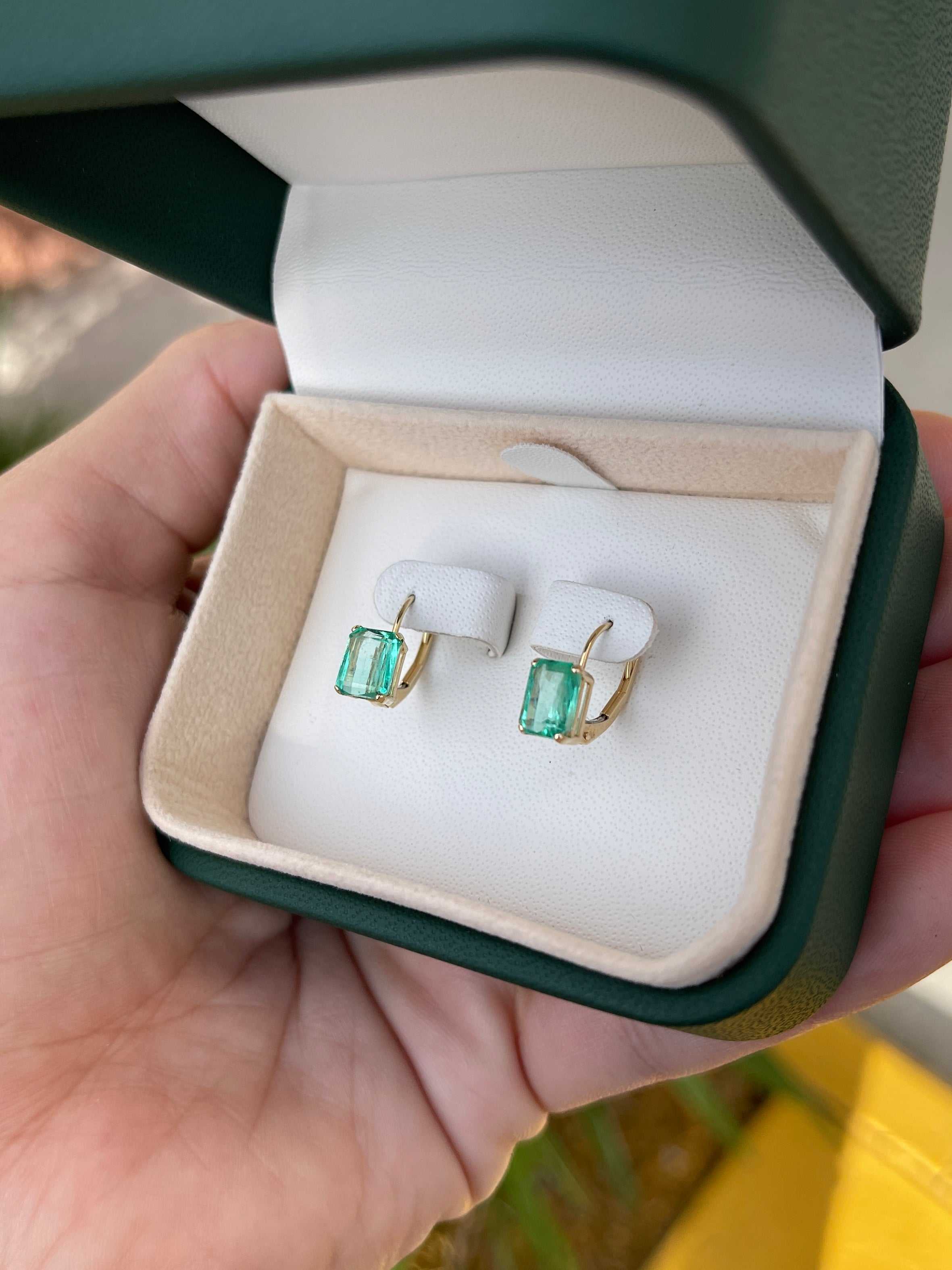 JR Colombian Emeralds 14K gold leverback earrings with 2.41tcw transparent emerald cut Colombian emeralds, elegant and finely crafted.