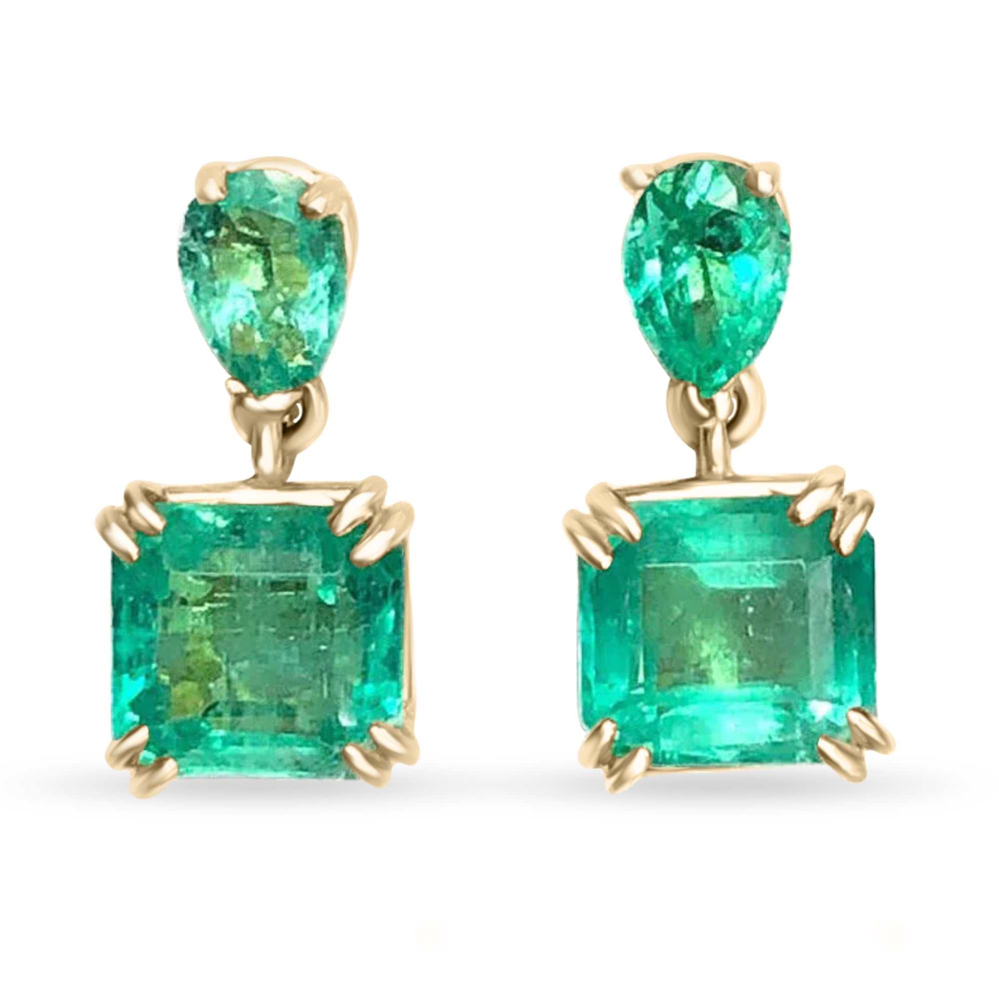 3.40tcw classy emerald pear and Asscher cut dangle earrings in 14K yellow gold