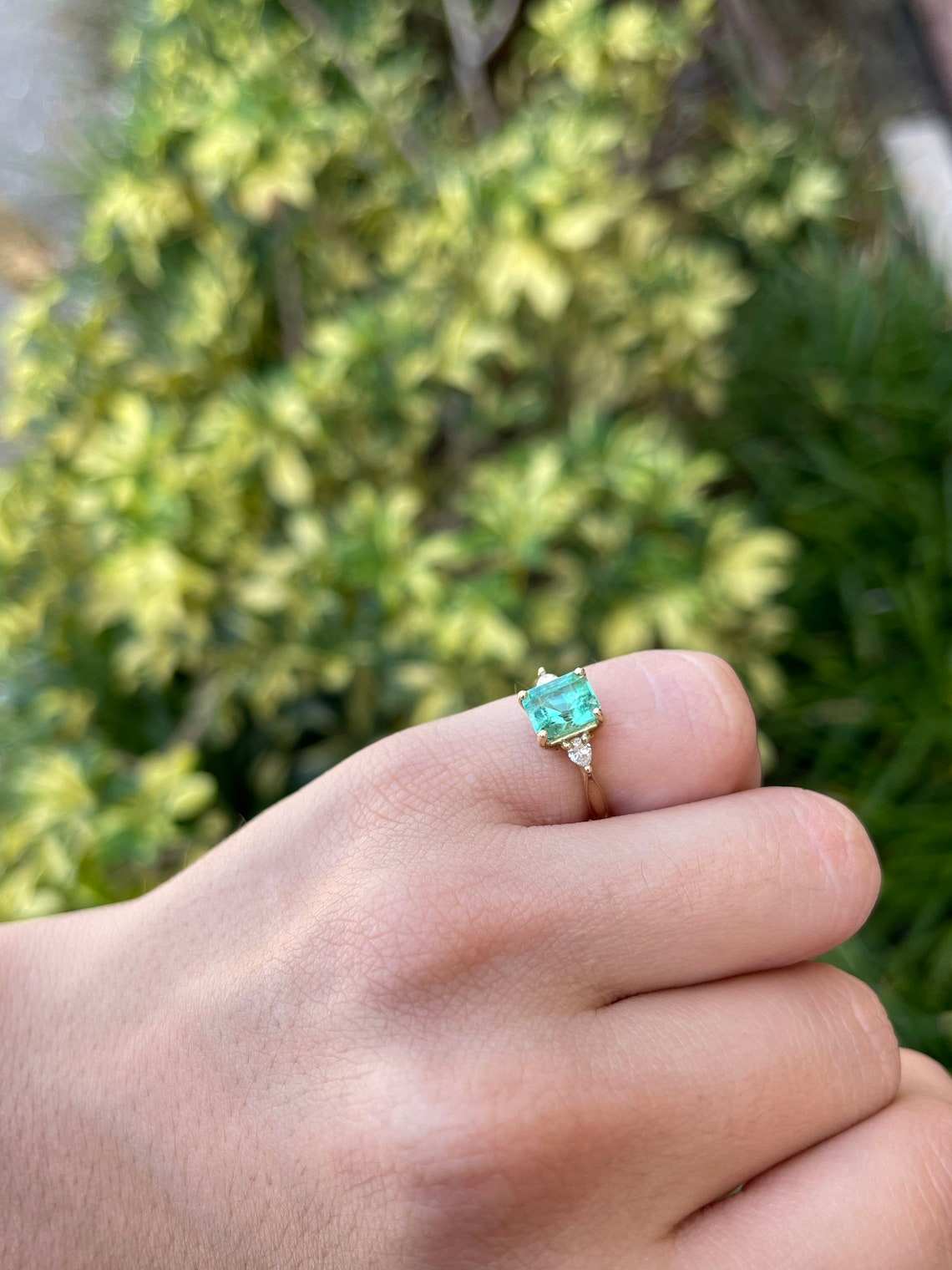 1.59tcw Emerald Three Stone Pear Diamond Ring Yellow Gold 14K