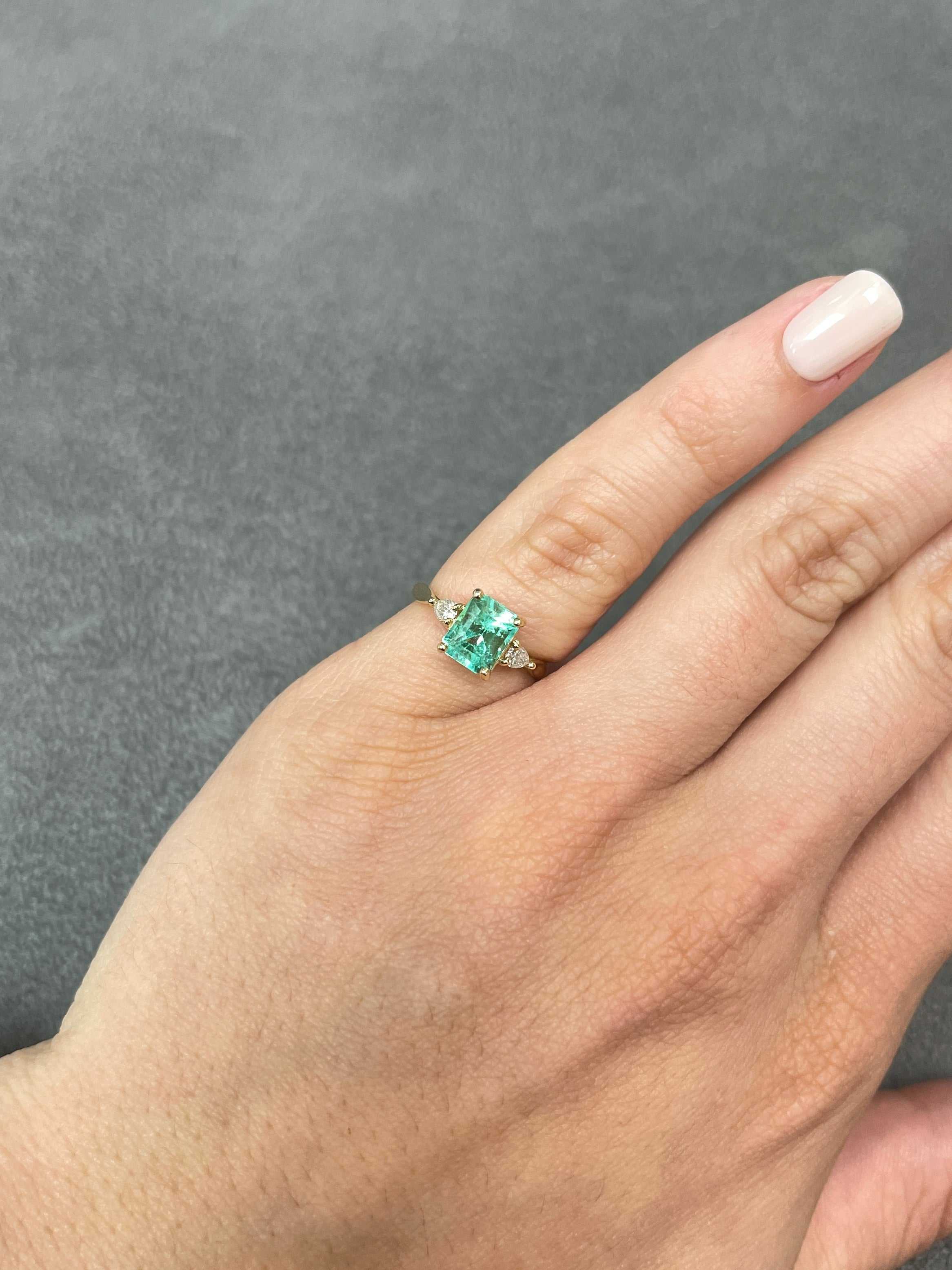 1.59tcw Colombian Emerald Three Stone Pear Diamond Engagement Ring 14K Yellow Gold