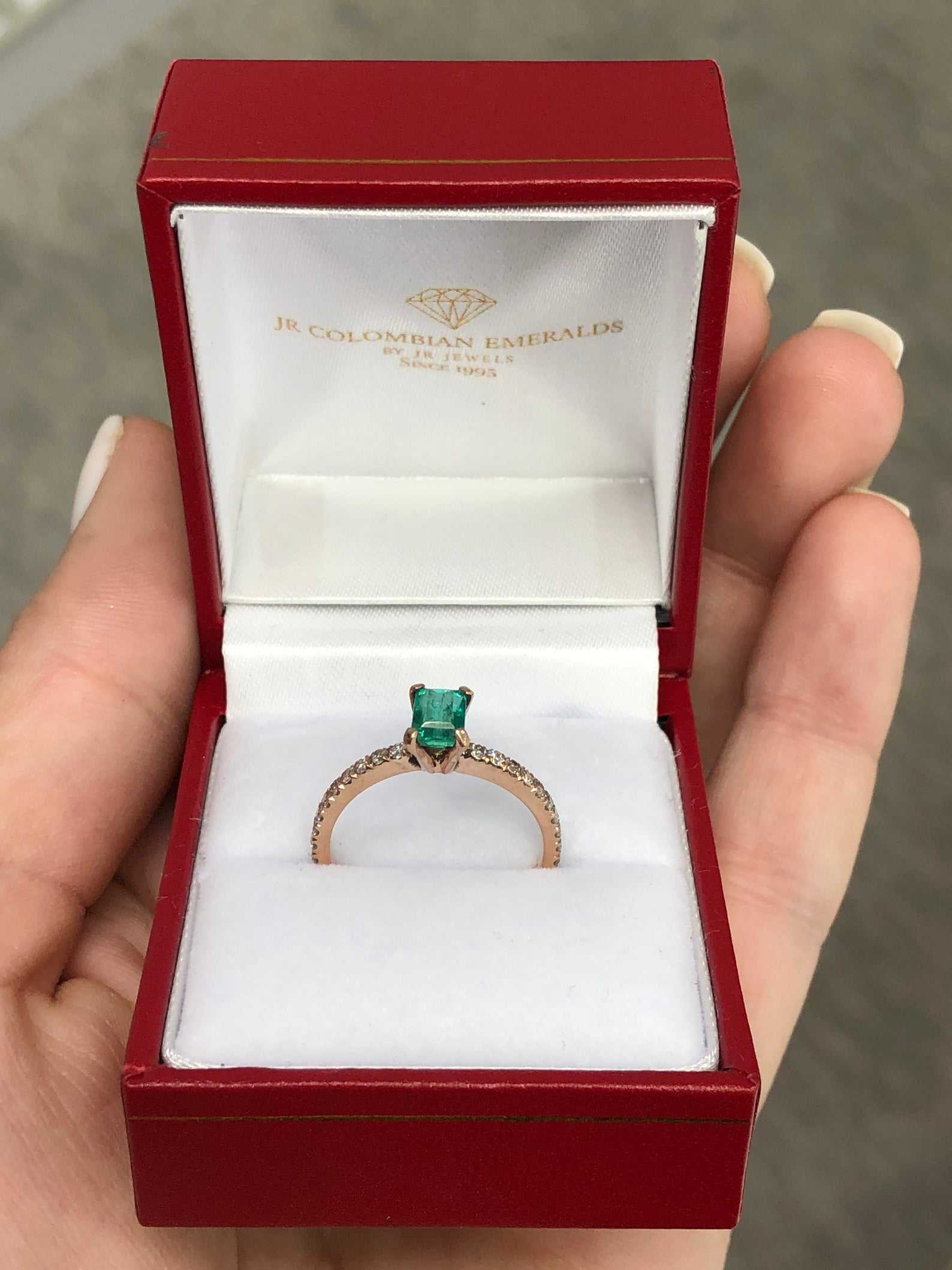 1.10tcw Dainty Solitaire Emerald & Diamond Accent Rose Gold Ring 14K
