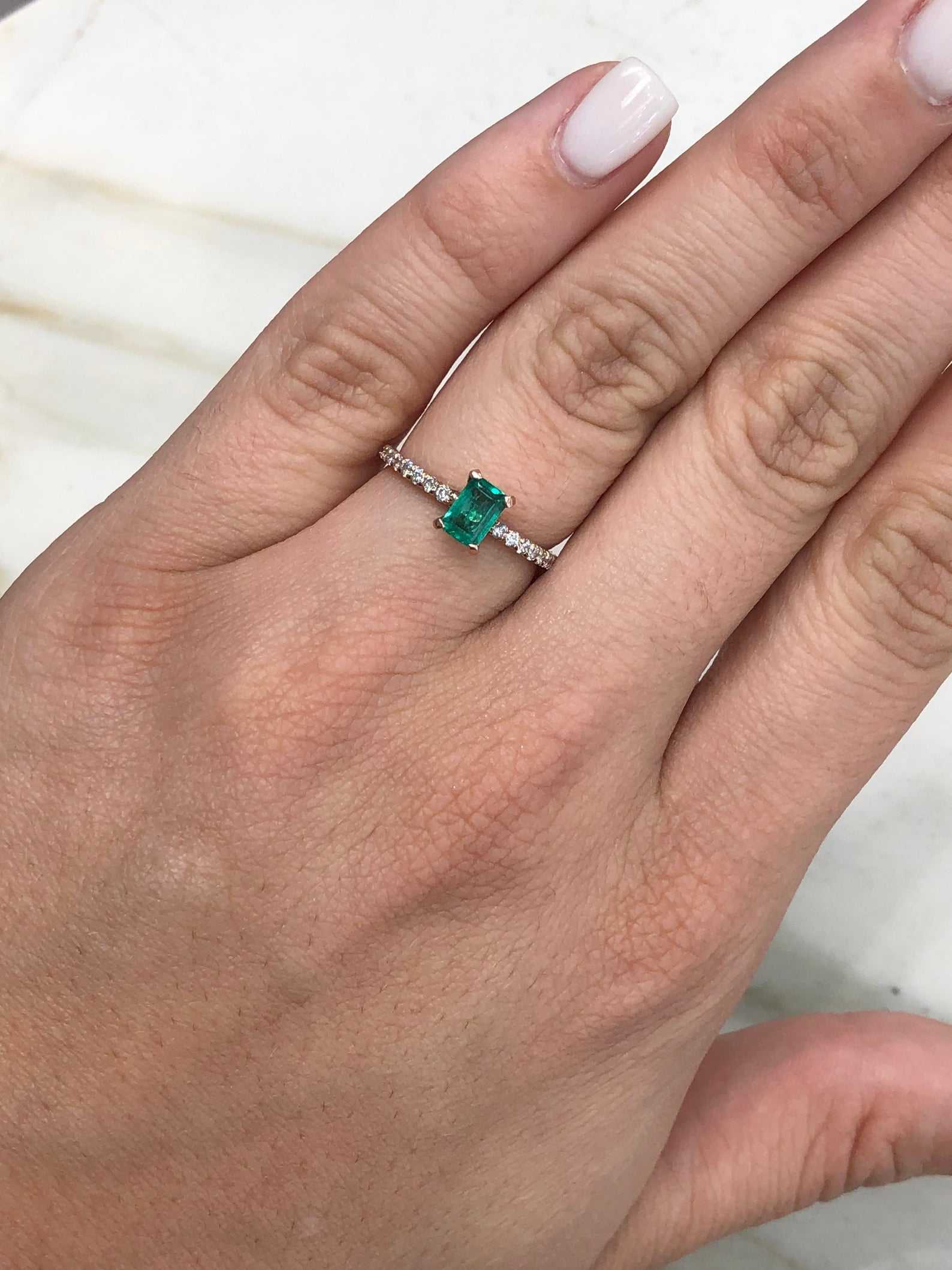 1.10tcw Dainty Solitaire Emerald & Diamond Accent Rose Gold Ring 14K