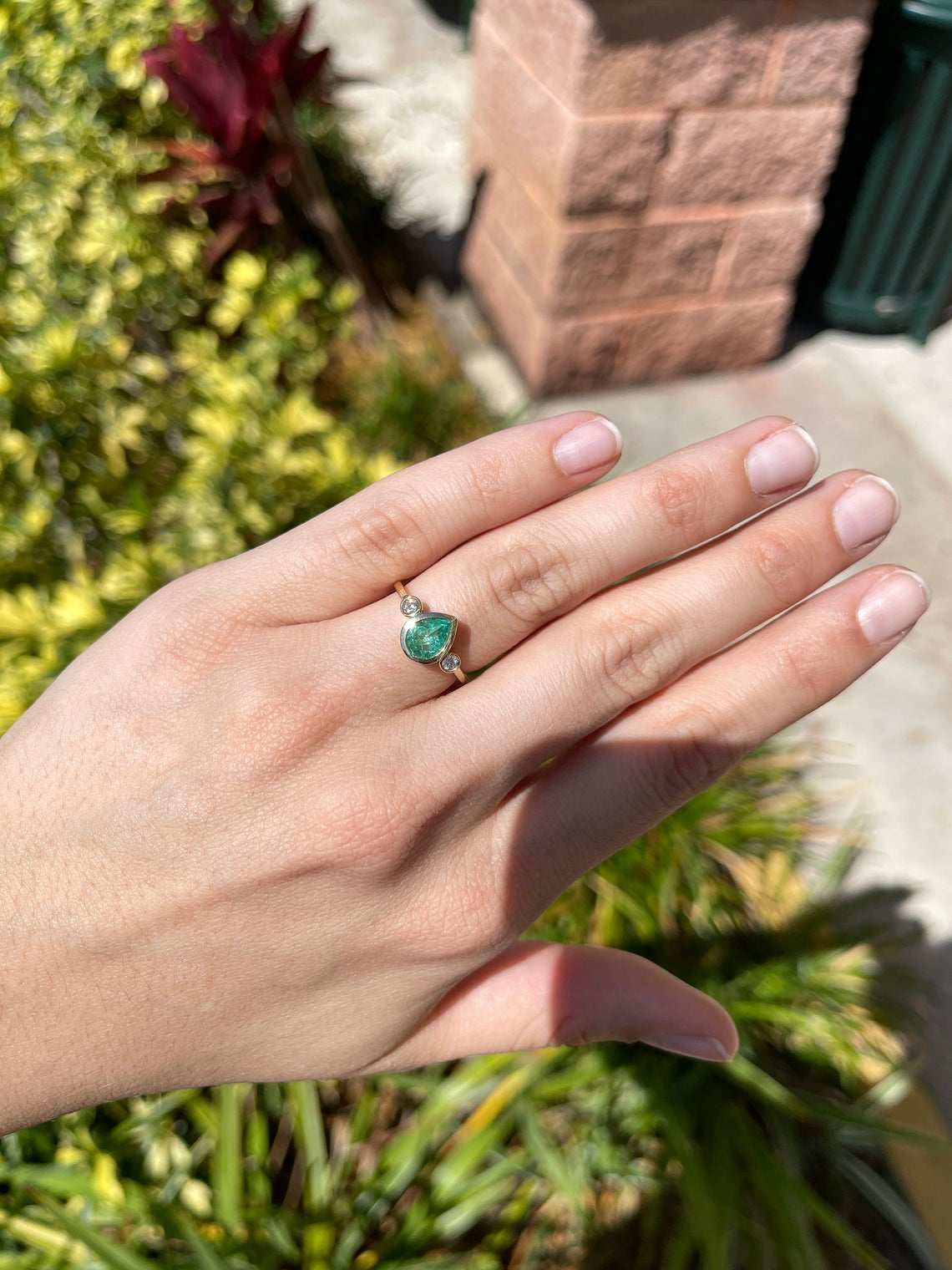 1.20tcw Bezel Set Tear Drop Natural Emerald & Diamond Modern Three Stone Ring 14k