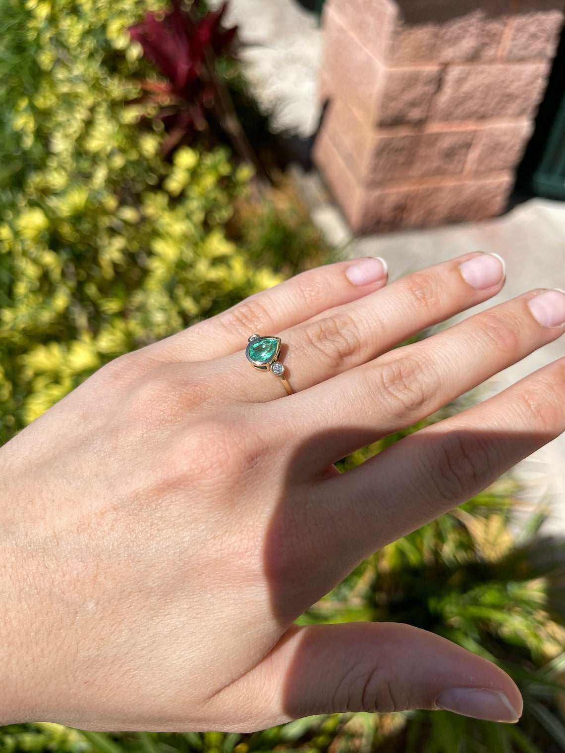 1.20tcw Bezel Set Tear Drop Natural Emerald & Diamond Modern Three Stone Ring 14k