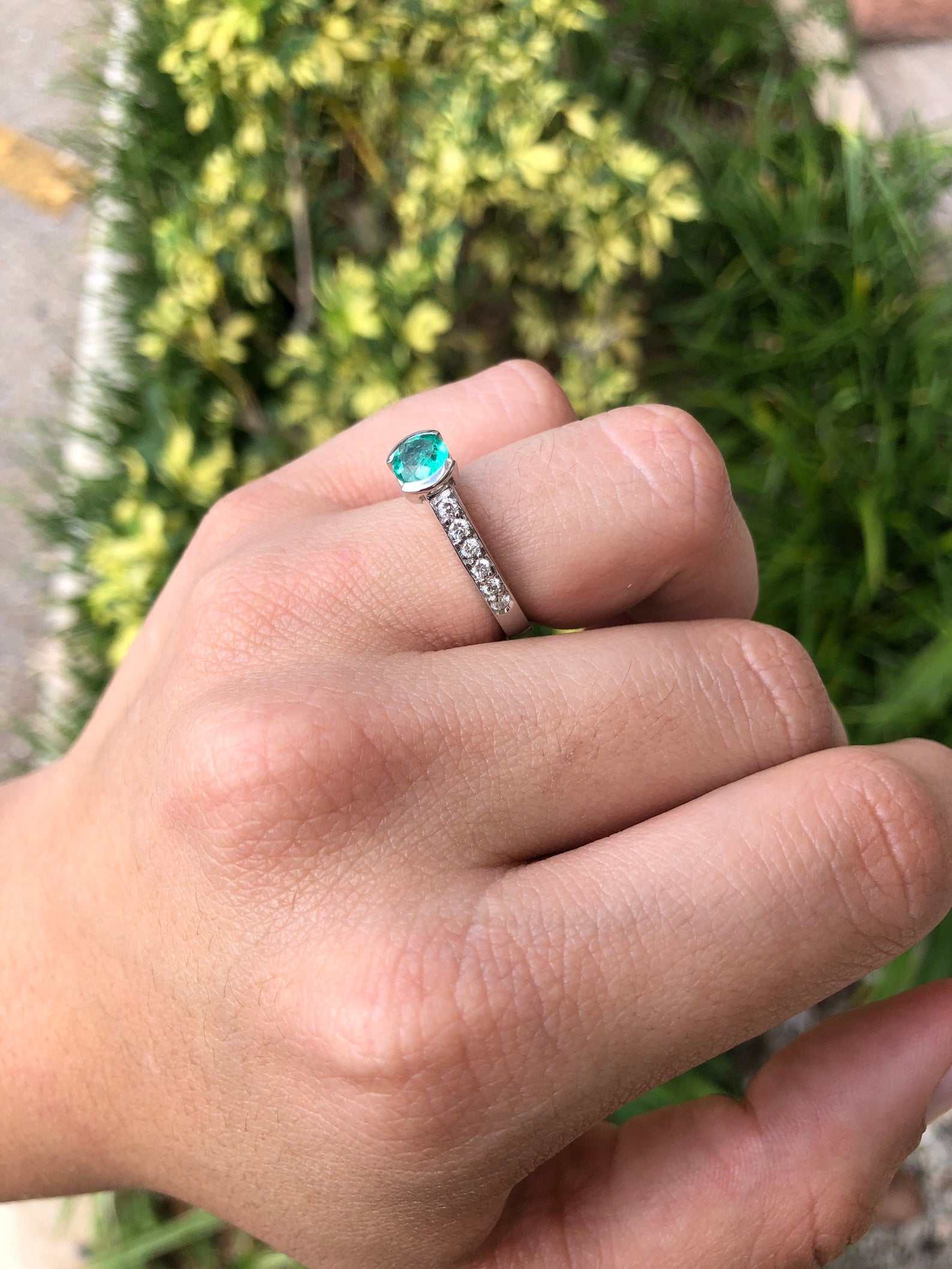 1.29tcw Round Green Emerald & Diamond Anniversary Ring 14K