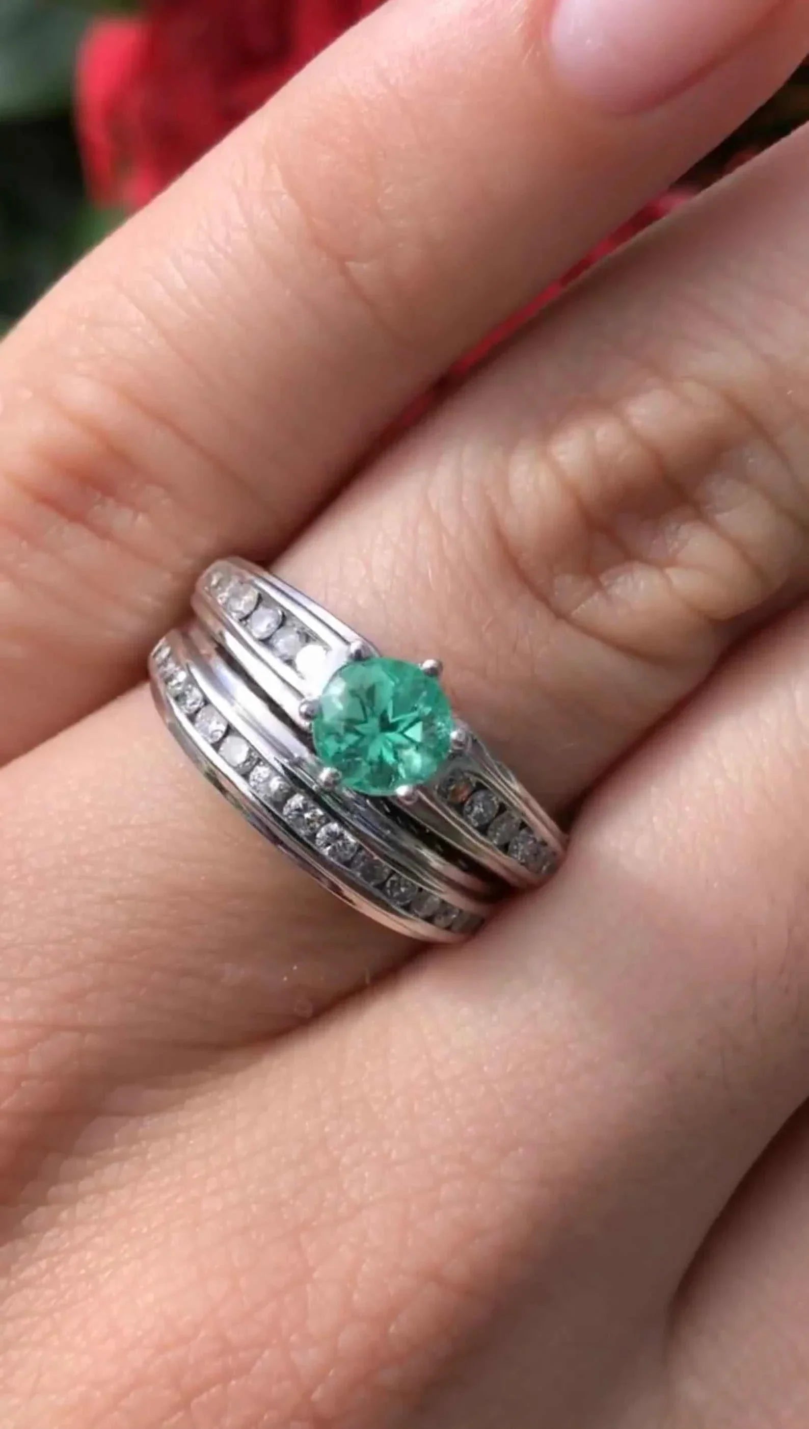 14K emerald and diamond accent wedding ring set by JR Colombian Emeralds, featuring a 1.48tcw engagement ring and matching bands.