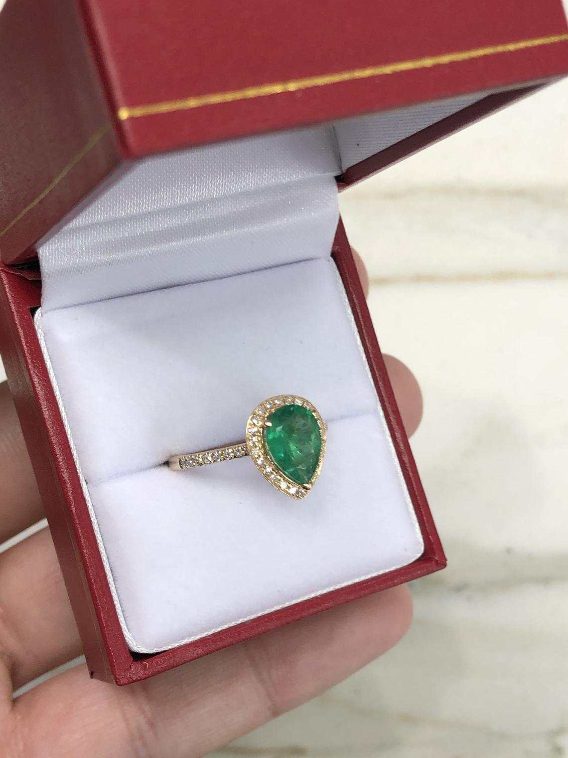 1.65tcw Teardrop Dark Green Emerald Floral Halo Engagement Ring 14K