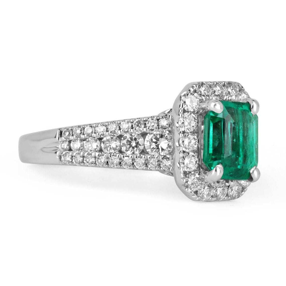 2.0tcw Emerald Cut Emerald Diamond Halo White Gold Ring 14K