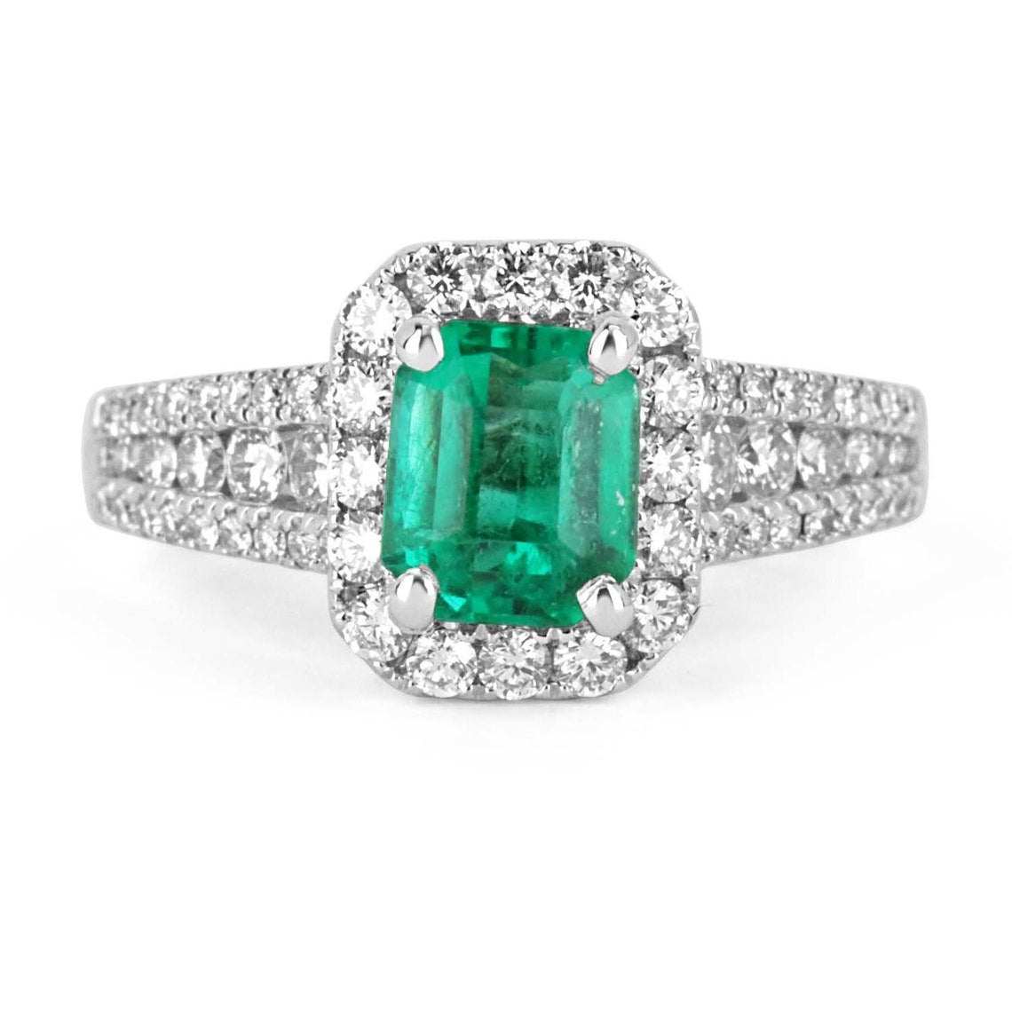 2.0tcw Emerald Cut Emerald Diamond Halo White Gold Ring 14K