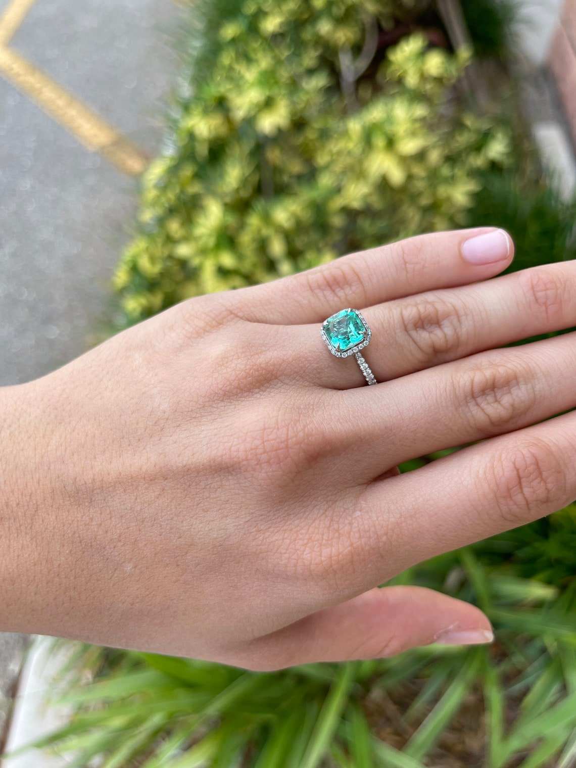 2.75tcw 18K Asscher Colombian Vivid Emerald & Diamond Halo White Gold Ring