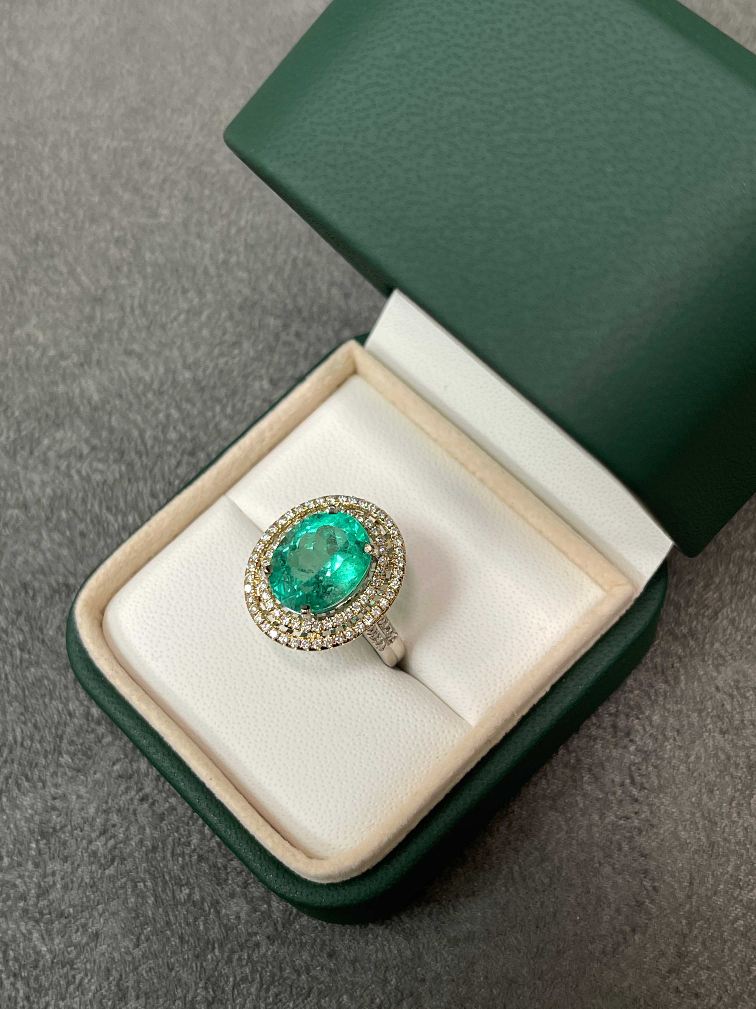 4.50tcw Stunning Natural Emerald Oval & Diamond Halo Statement Ring Gold 18K