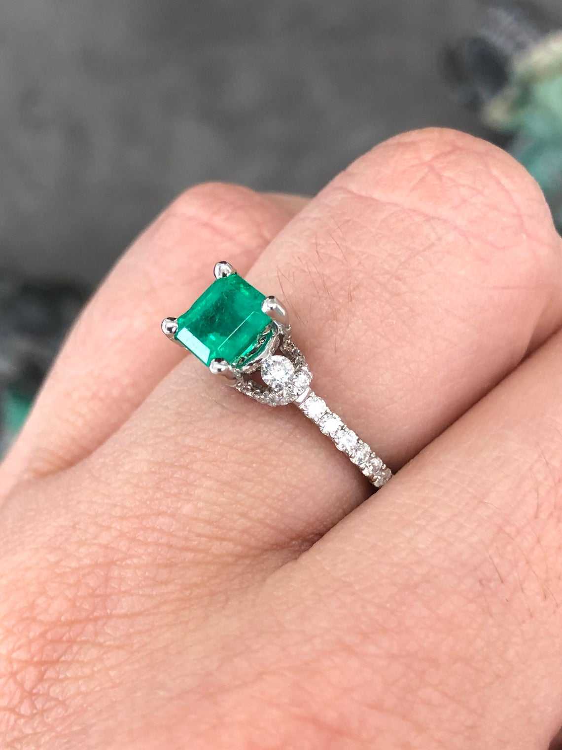JR Colombian Emeralds AAA 1.68tcw emerald solitaire engagement ring with diamond accents in 14K gold.