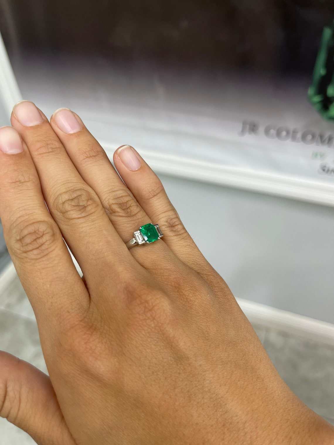 1.72tcw Elegant Three Stone Baguette Diamond & Emerald Ring 14K