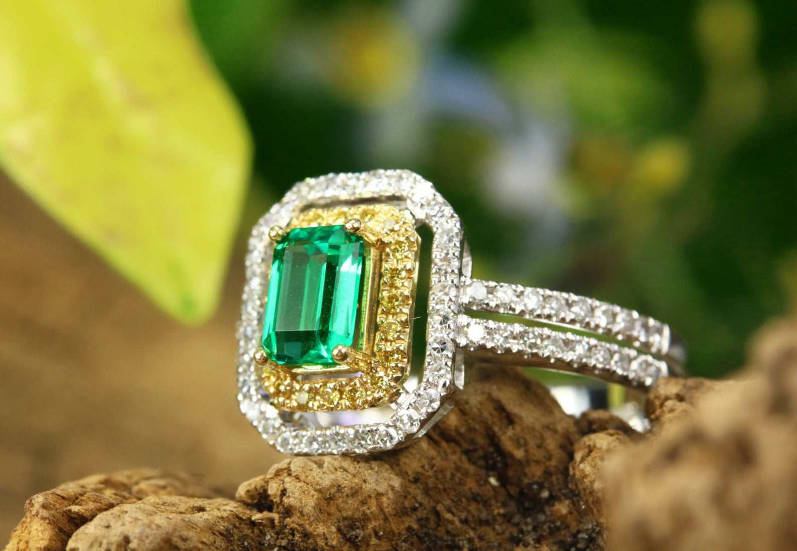 1.50tcw Emerald & Fancy Yellow Diamond Ring Two-Toned 14K