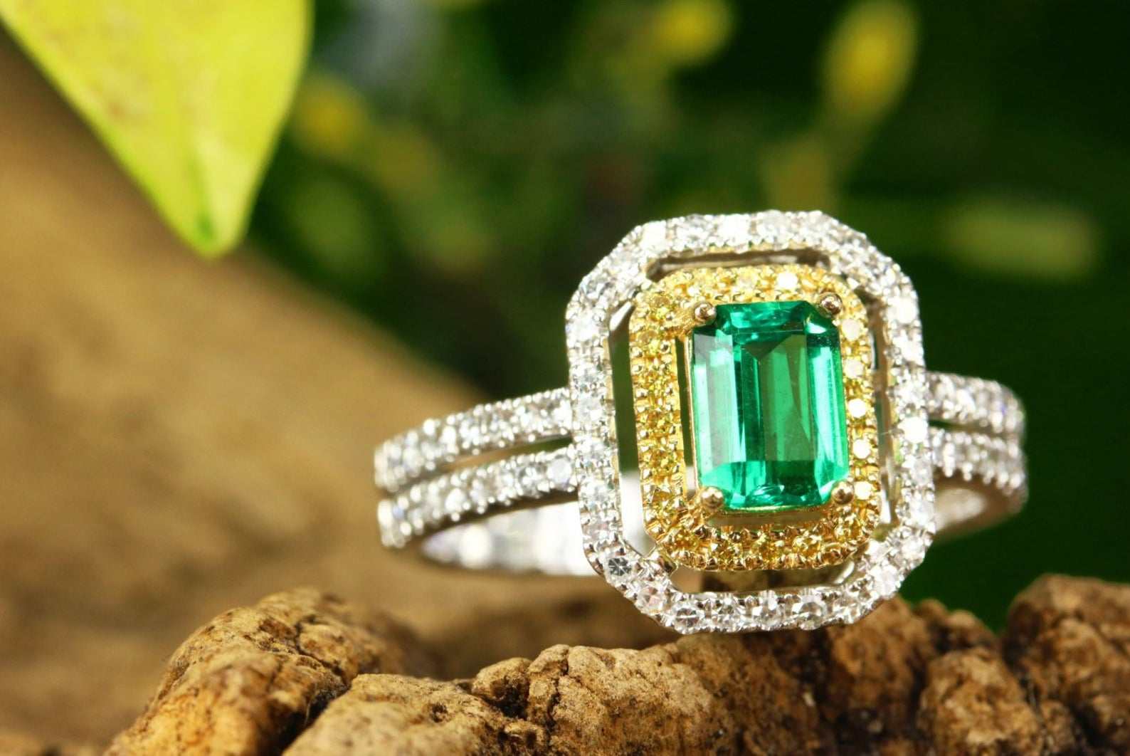 1.50tcw Emerald & Fancy Yellow Diamond Ring Two-Toned 14K