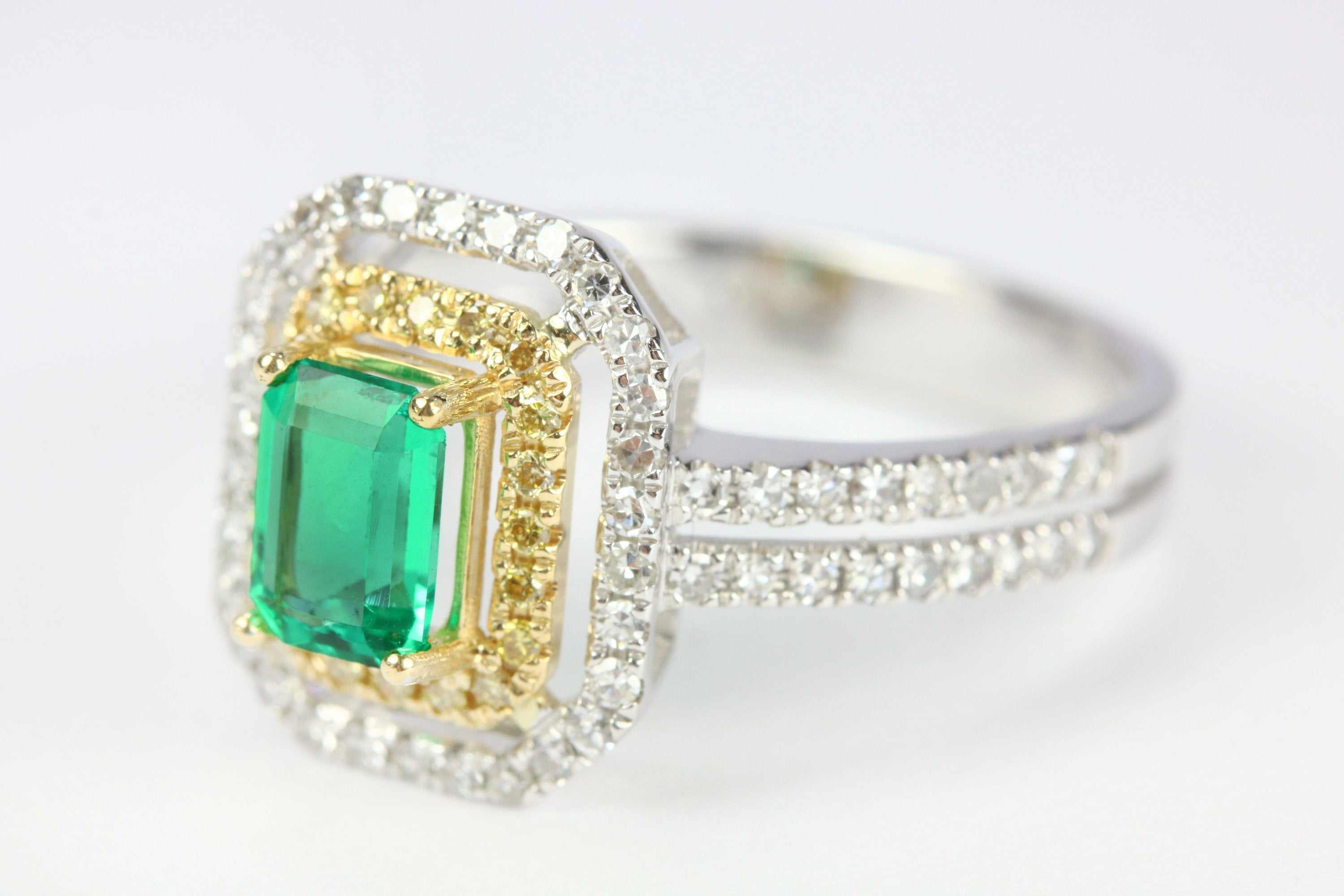 1.50tcw Emerald & Fancy Yellow Diamond Ring Two-Toned 14K